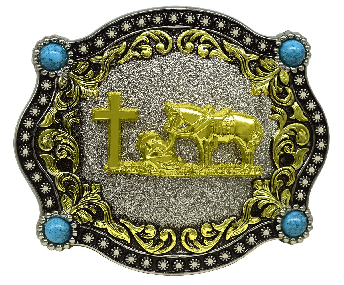 Moranse Cross Cowboy Kneeling Prayer Horse Zinc Alloy Belt Buckles