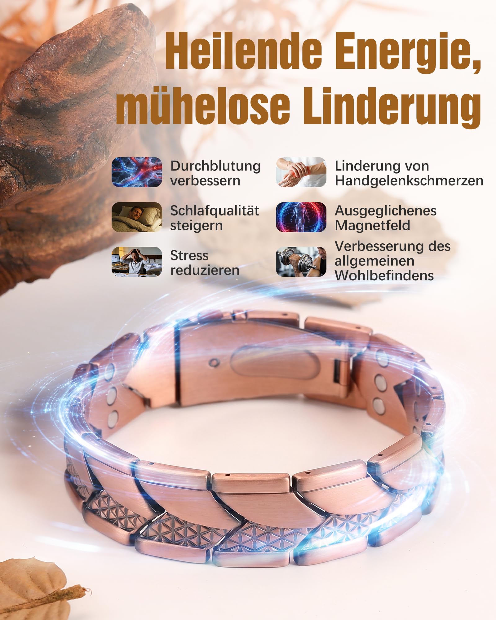 Jeracol Kupfer Magnetarmband Herren, 99% Reines kupferarmband mit ultrastarken Magneten, Einstellwerkzeug und Schmuck-Geschenkbox
