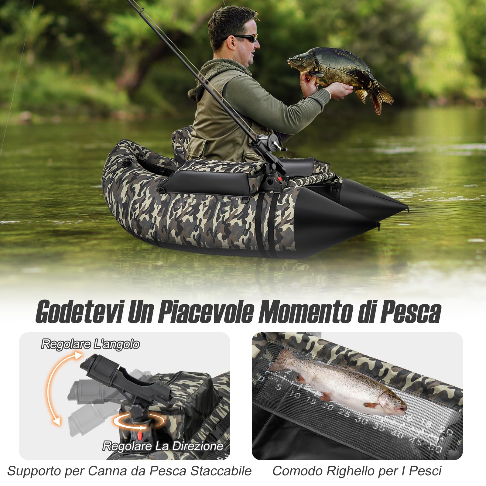 GYMAX Gommone da Pesca Gonfiabile, Barca da Pesca Portatile con Tracolle Regolabili, Pompa Manuale, Pagaia, Pinne, Porta Canne da Pesca, Righello per Pesci, Stoccaggio