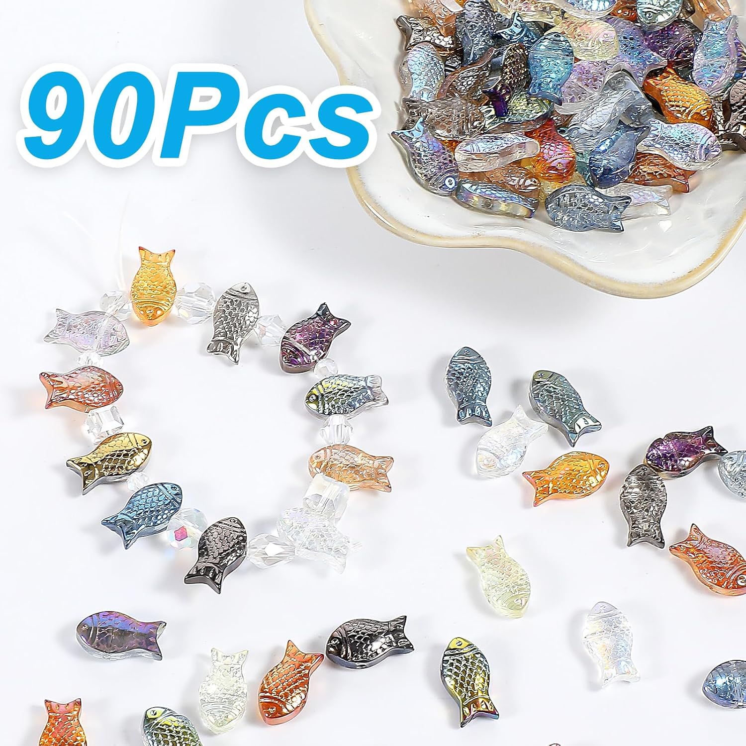 90pcs Ocean Beads Glass Fish Beads for Jewelry Making Unique Fish Charms Bead Summer Ocean Charms Loose Bead for DIY Craft Bracelets Necklaces Earrings Mixed Color image 3