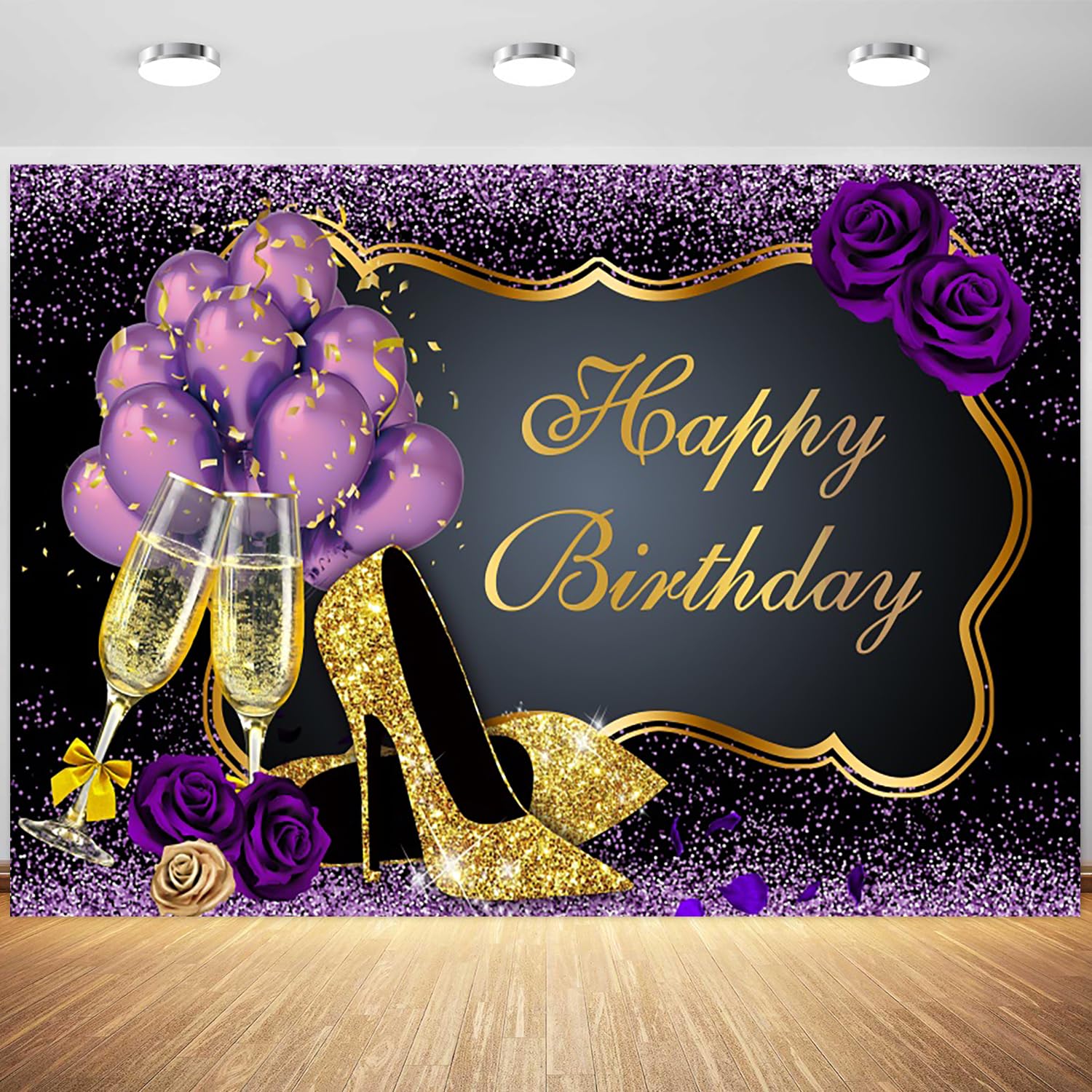 8x6ft Purple Gold Happy Birthday Backdrop Black Golden Purple Balloons Glitter Photography Background Girls Women Birthday Party Banner Decorations