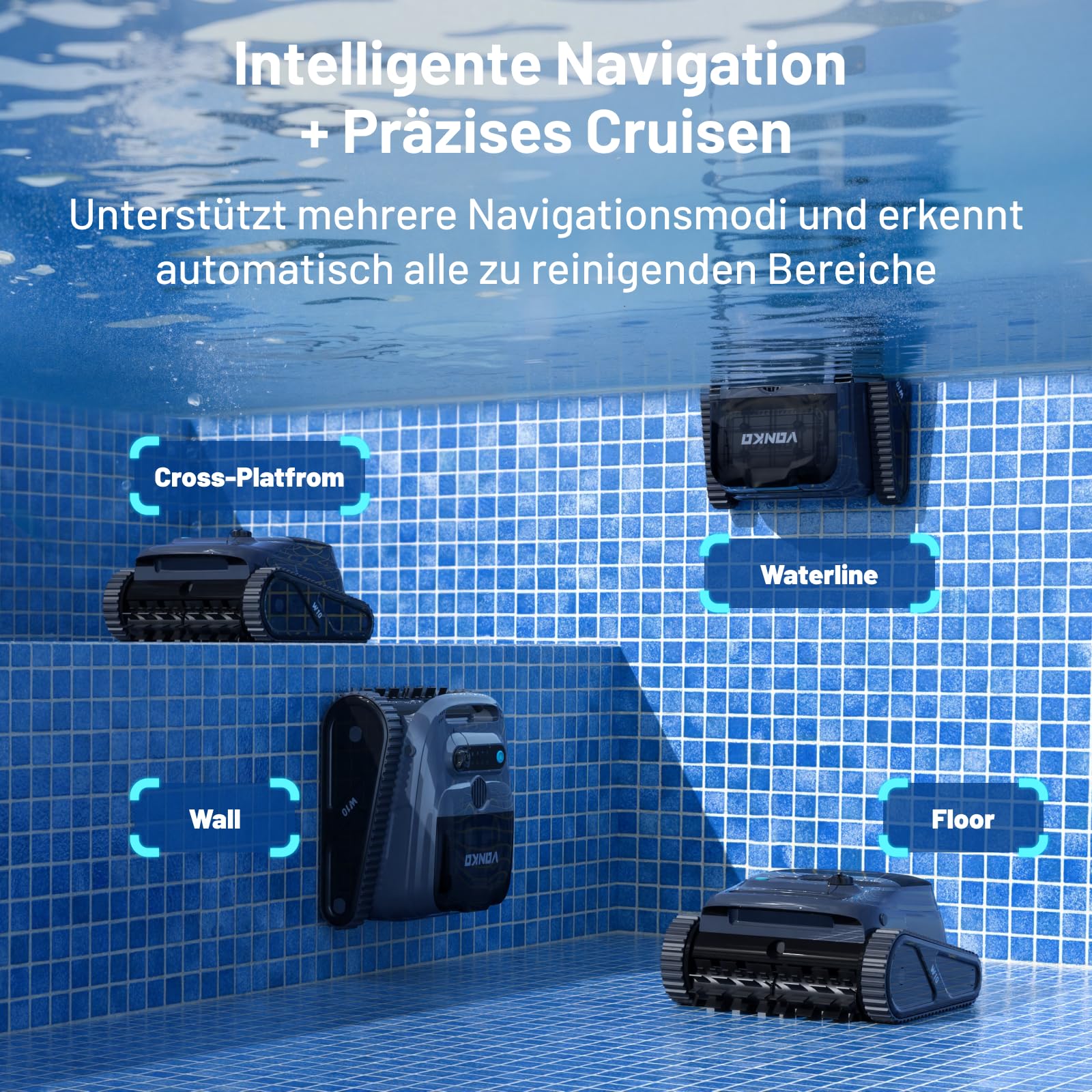 VONKO W10 Poolroboter Boden und Wand, Wasserlinie, Poolsauger Akku Kabelloser, mit AI-Vision Navigation, 20000LPH Leistungsstarker, Poolreiniger für Pools bis zu 200㎡,Puderblau