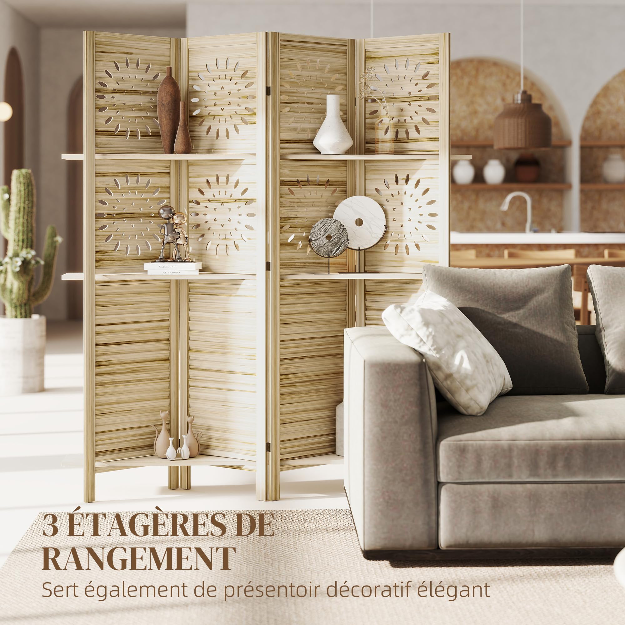 HOMCOM Paravent intérieur 4 Panneaux et 3 étagères, 160 x 170 cm, séparateur de pièce Pliable en Bois de Paulownia, cloison de séparation pour Salon, Chambre à Coucher, Maison, Bois Naturel