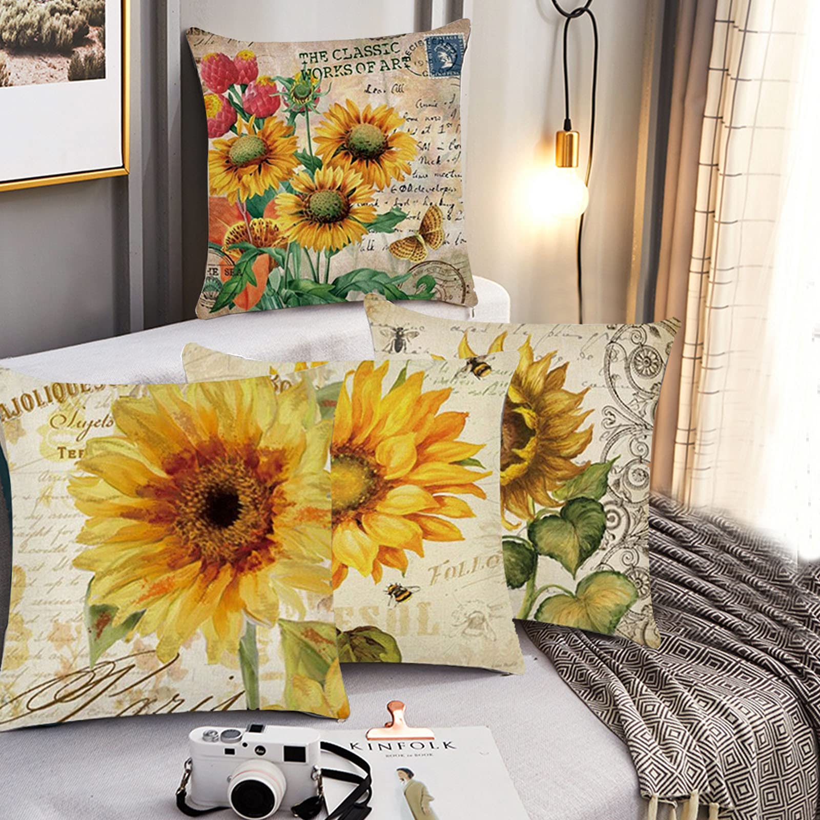 Amazon.co.jp: ひまわりクッションカバー 4枚 コットンリネン 正方形