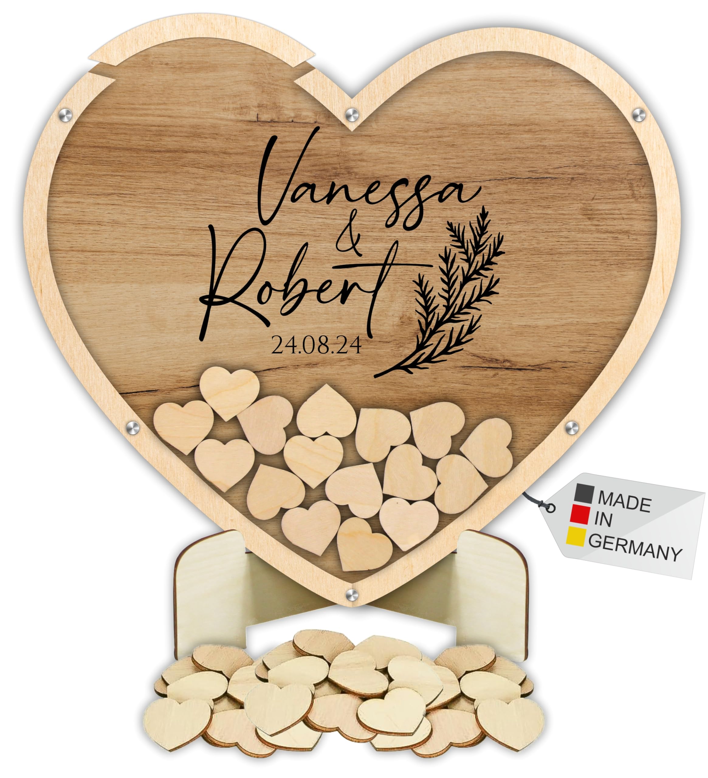 Manschin-Laserdesign Gästebuch Drop in aus Holz und Acrylglas zur Hochzeit, personalisiert, Wunschgravur, Wunschfarbe inkl. Herzen (Holz)