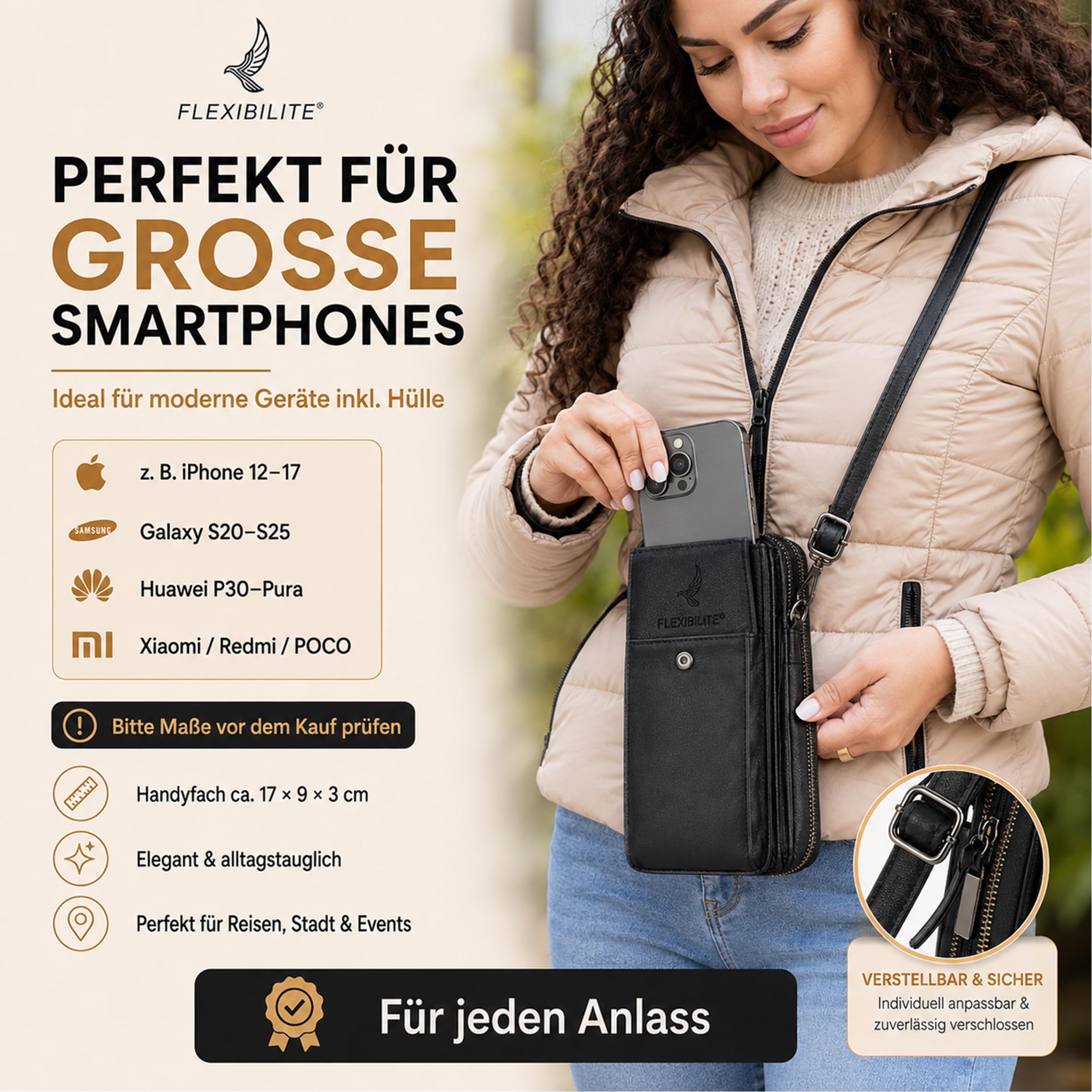 Handytasche Zum Umhängen Mit Portemonnaie (Tasche 20×11×5 cm - Handyfach 17×9×3 cm) - Echt Leder Handy-Umhängetasche Damen - Handytasche Mit Geldbörse - 220 g - Schwarz [2026]