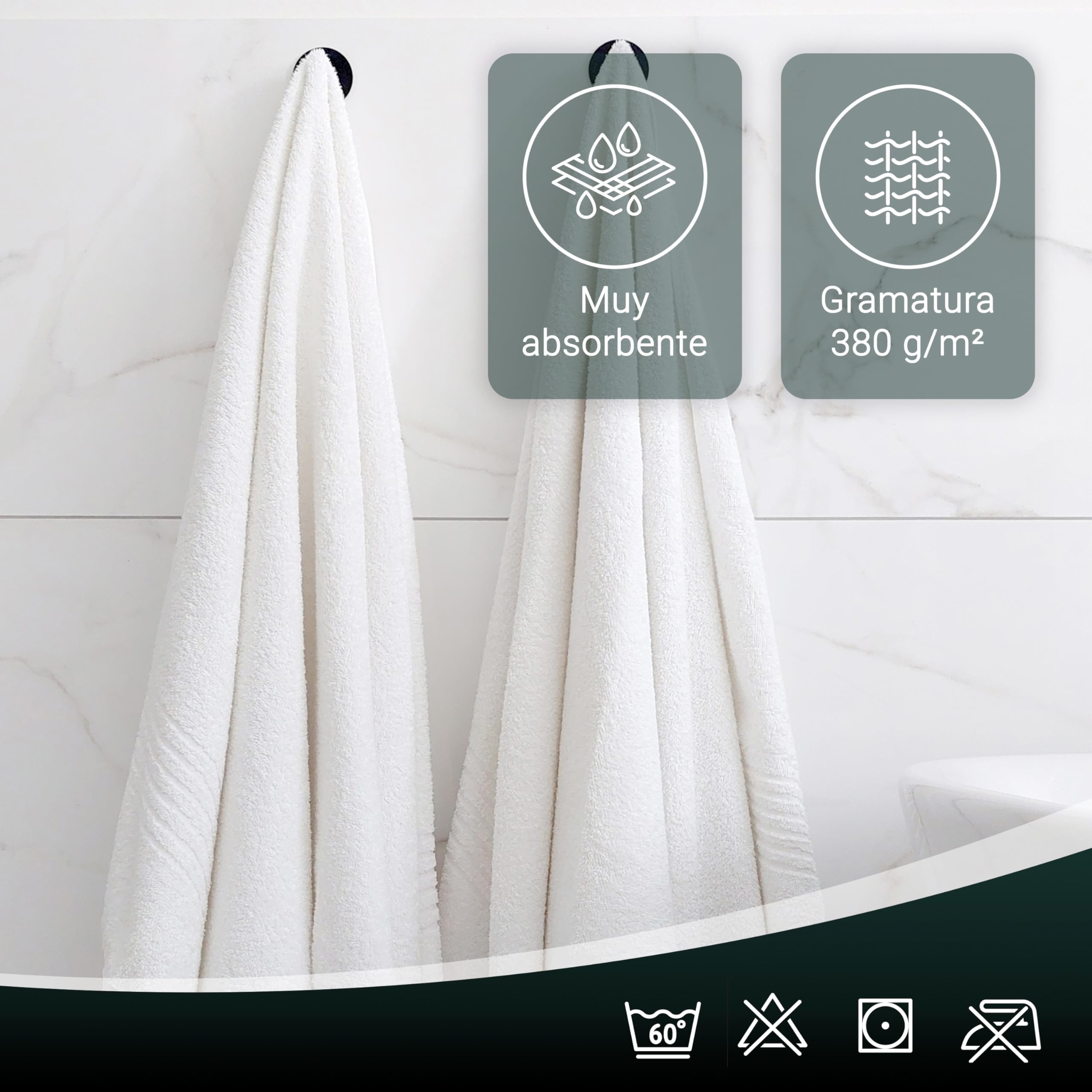 ZOLLNER Juego de 5 Toallas de Ducha en 70x140 cm - Toallas Muy absorbentes en Blanco - con práctica Percha - con Elegante Borde a Rayas - Lavable hasta 95°C - algodón - Calidad hotelera