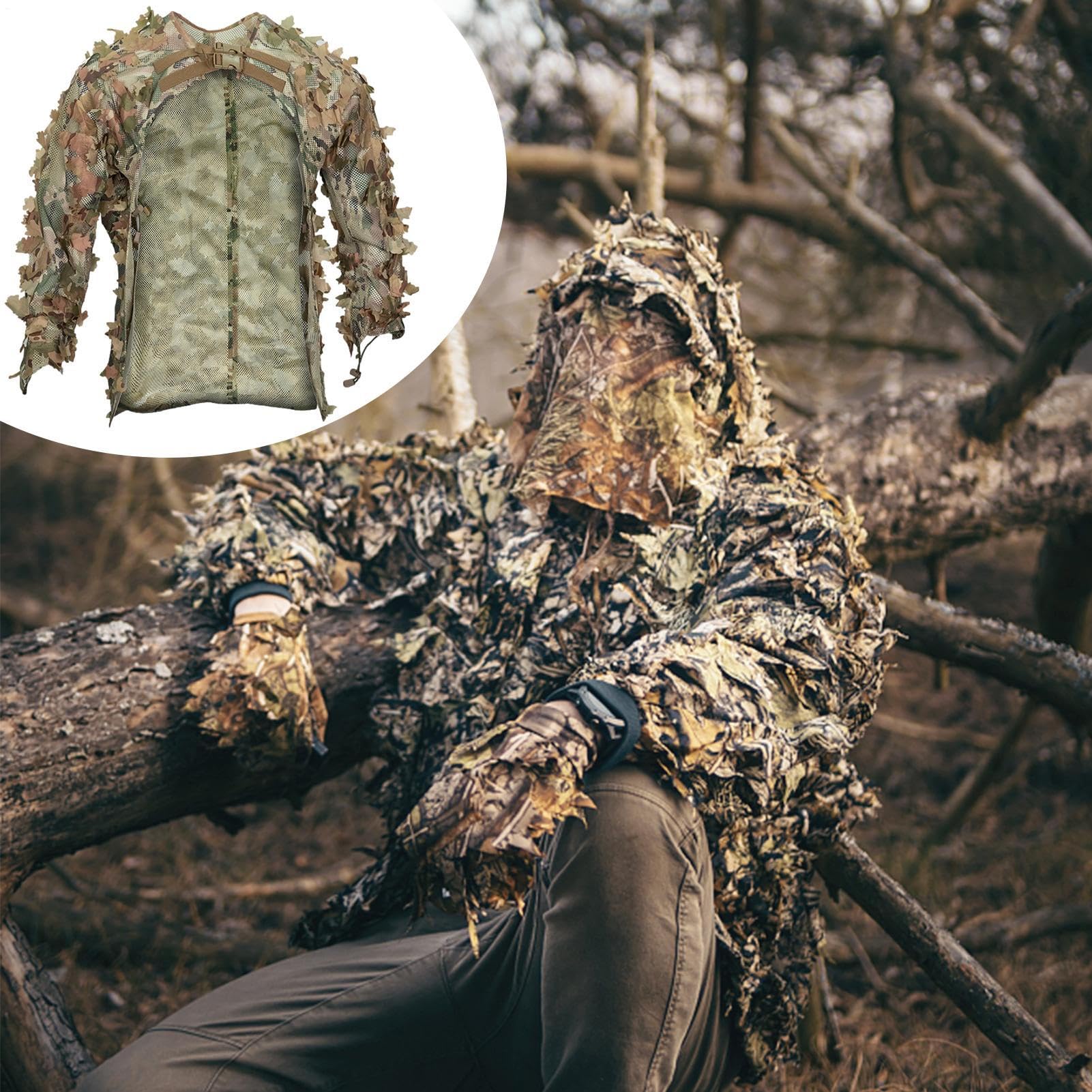 Ghillie-Anzug, Camouflage, taktischer Anzug aus Wald | Scharfschützenuniform für Jagd, Tarnkleidung für Airsoft, Beobachter, Tracker, Soldat, Schatten, Zweig, Kleidung