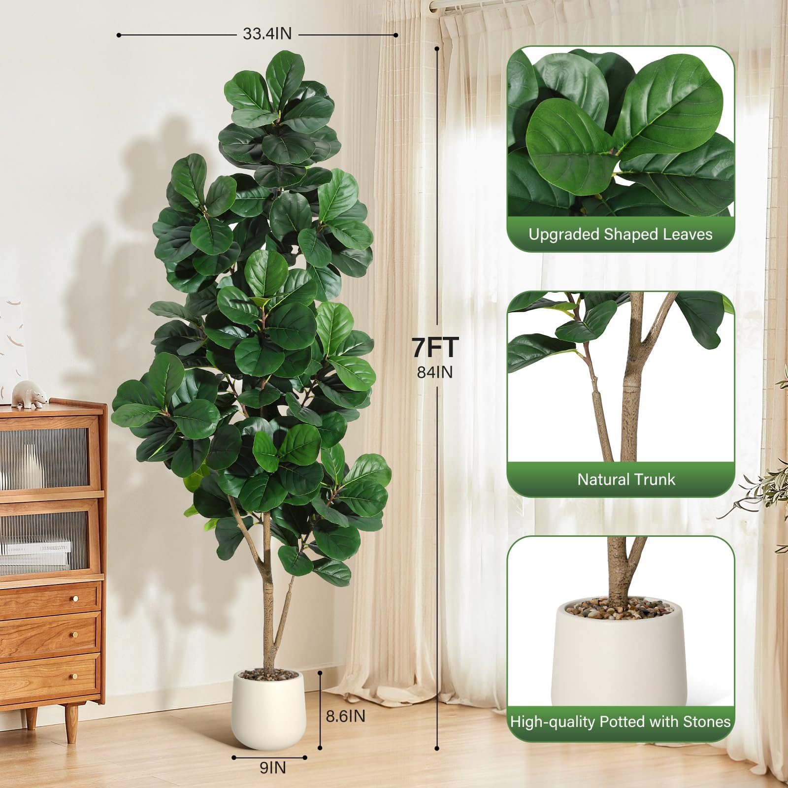 Kunstpflanze Geigenfeige 210cm, Mit 141 Blättern & Natürlichem Stamm Im Weißen Blumentopf Mit Kieseln, Ficus Lyrata XXL Kunstpflanze Wie Echt Für Wohnzimmer Büro Wintergarten Deko, Einfache Montage
