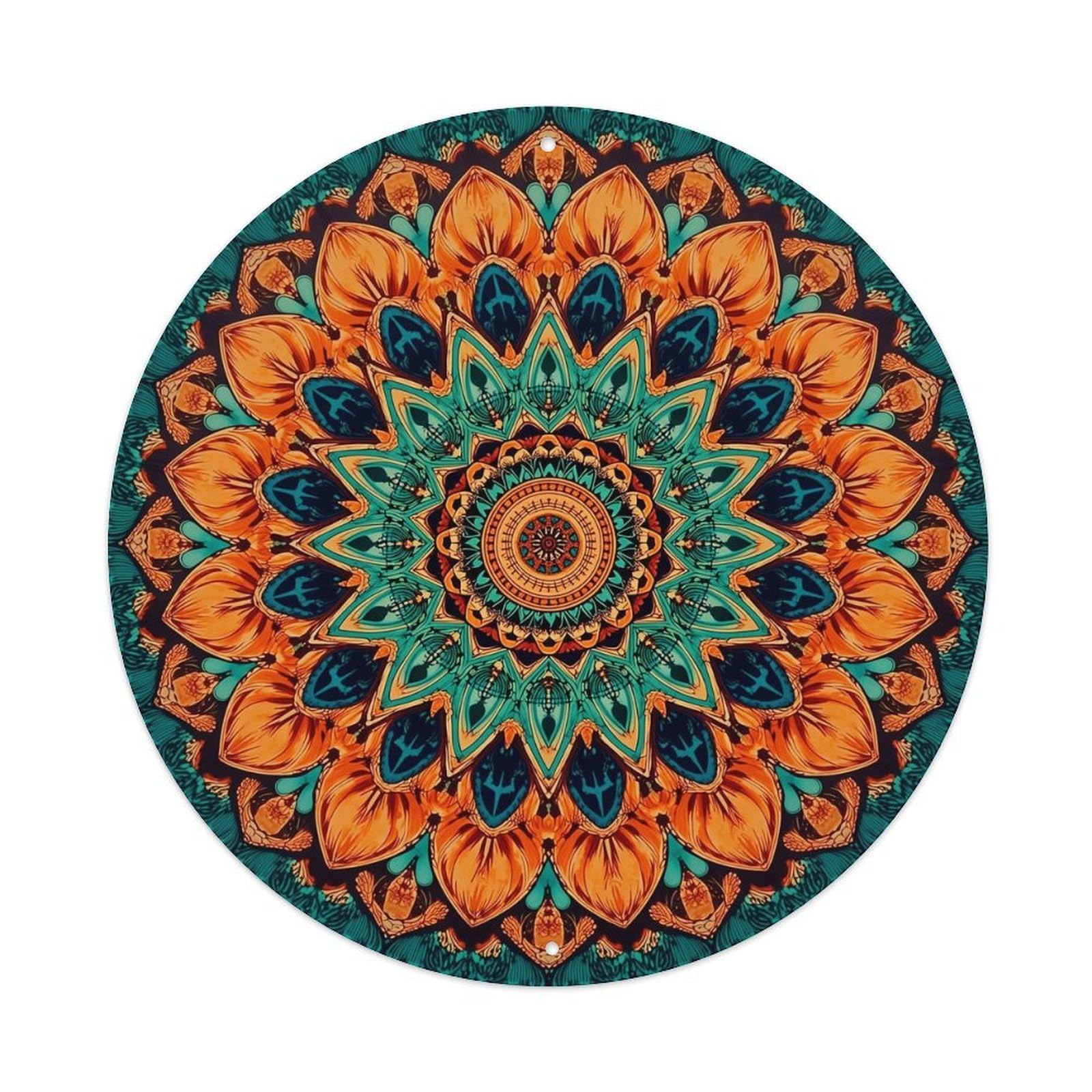 Orange Teal Mandala Pattern Print Vintage Metal Tin Sign Retro Wall Decor for Home Bar Garage Cafe, Indoor & Outdoor Decorative，circle Metal Poster, 8x8 Inch