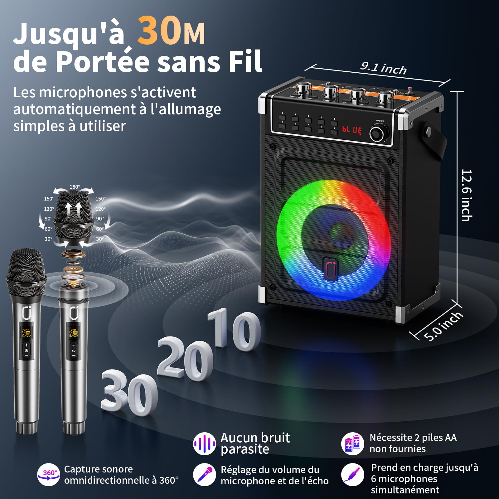JYX Machine Karaoke Adulte, 380W Puissance, Enceintes Karaoké Professionnelles avec 2 Micro sans Fil et Lumières Fête DJ, Système karaoké Portable Compatible TWS/AUX/FM/USB/TF, Noir