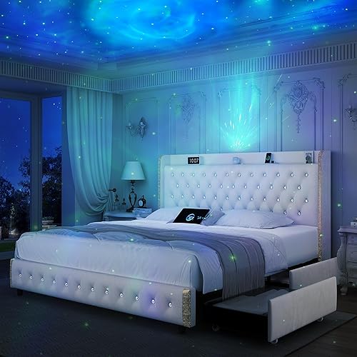 Miniatura 7 de Base de cama LED Queen con 4 cajones, cargador de proyector de galaxia estrella, altavoz de música, cabecera tapizada con respaldo de ala, marco de