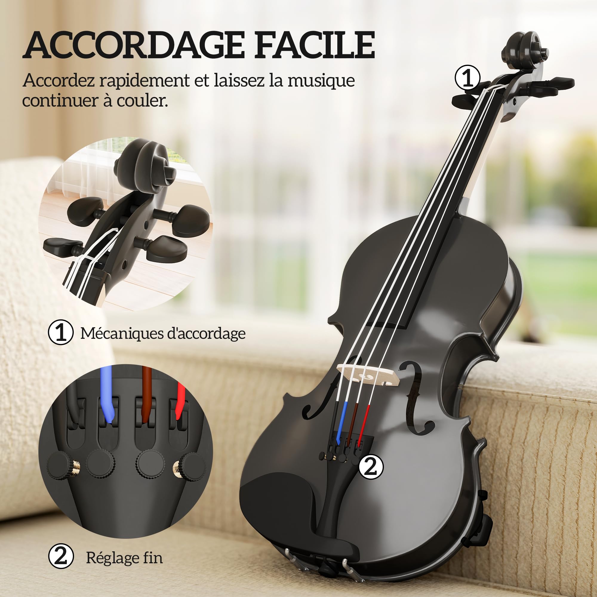 HOMCOM Violine 4/4 Set Massivholz für Erwachsene und Anfänger schwarz | Leichte und tragbare Tasche, Bogen, Kolophonium, Steg, Schulterstütze