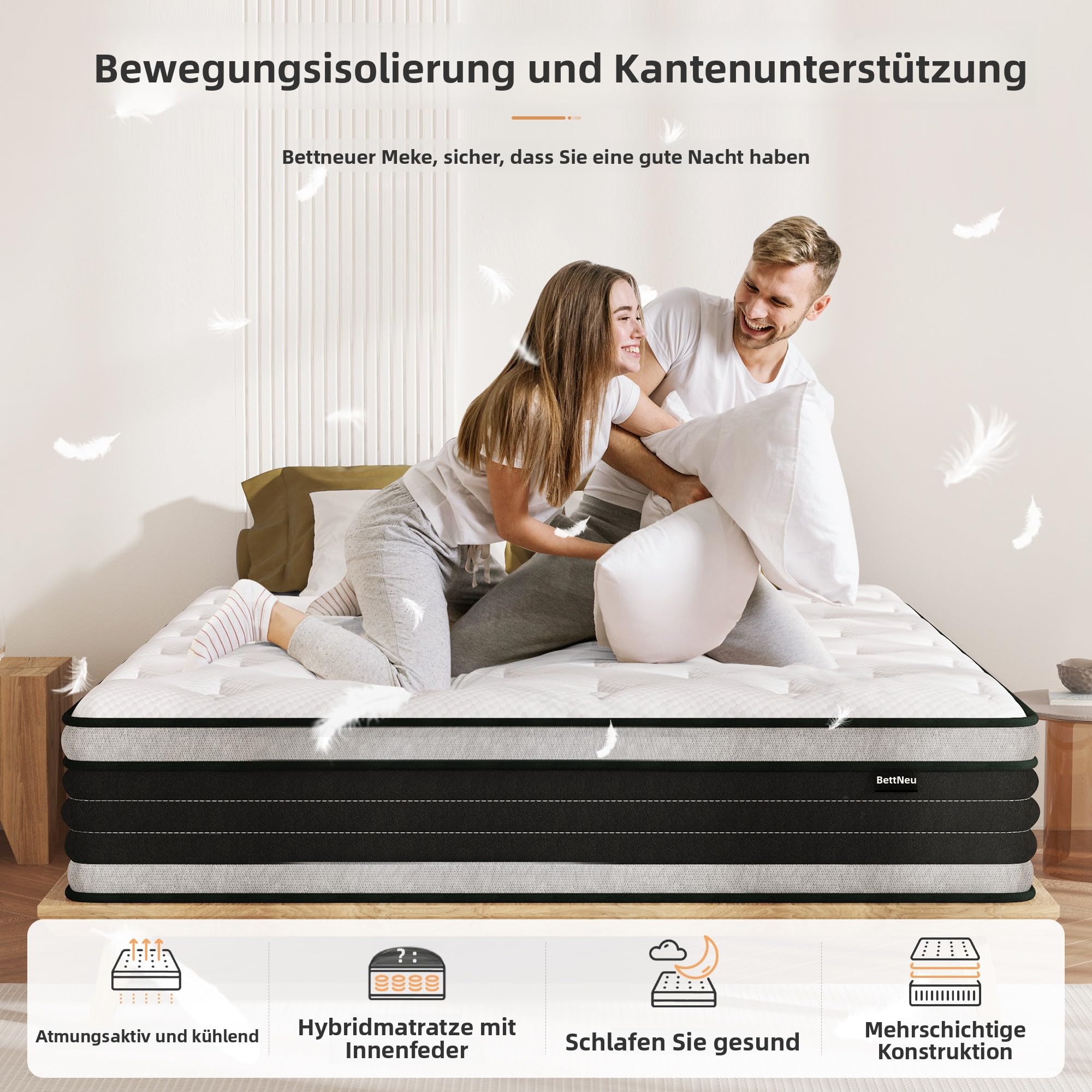 Bednew Matelas 120 X 200 Cm, 36 Cm, H3, 7 Zones, Matelas Orthopédique à Ressorts Ensachés, Avec Couche En Mousse à Mémoire De Forme Confortable, Certifié Oeko-Tex, 101 Nuits