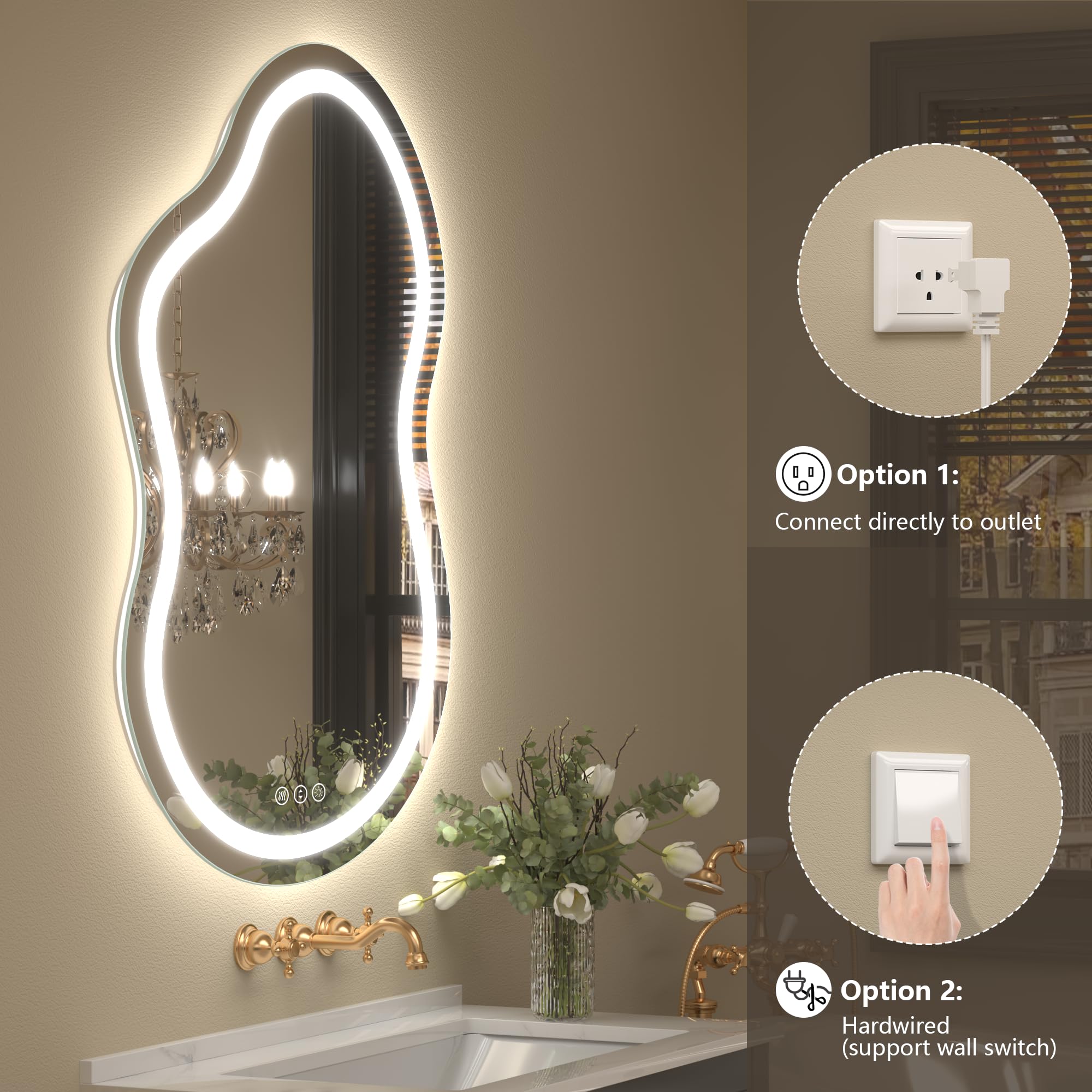 Asymmetrischer LED-Badezimmerspiegel, unregelmäßige Wolke, LED-beleuchteter Kosmetikspiegel mit Lichtern für die Wand, beschlagfrei, dimmbar, 3 Farben, Speicher (horizontal/vertikal)