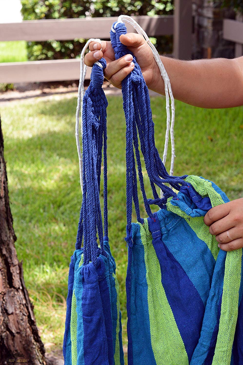 Hamacas Colgantes Jardin Exterior Algodon Lona Hamaca Portátil al Aire Libre Acampada Viaje para una Persona Carga de 150 kg Colorido (1 Persona, Azul)
