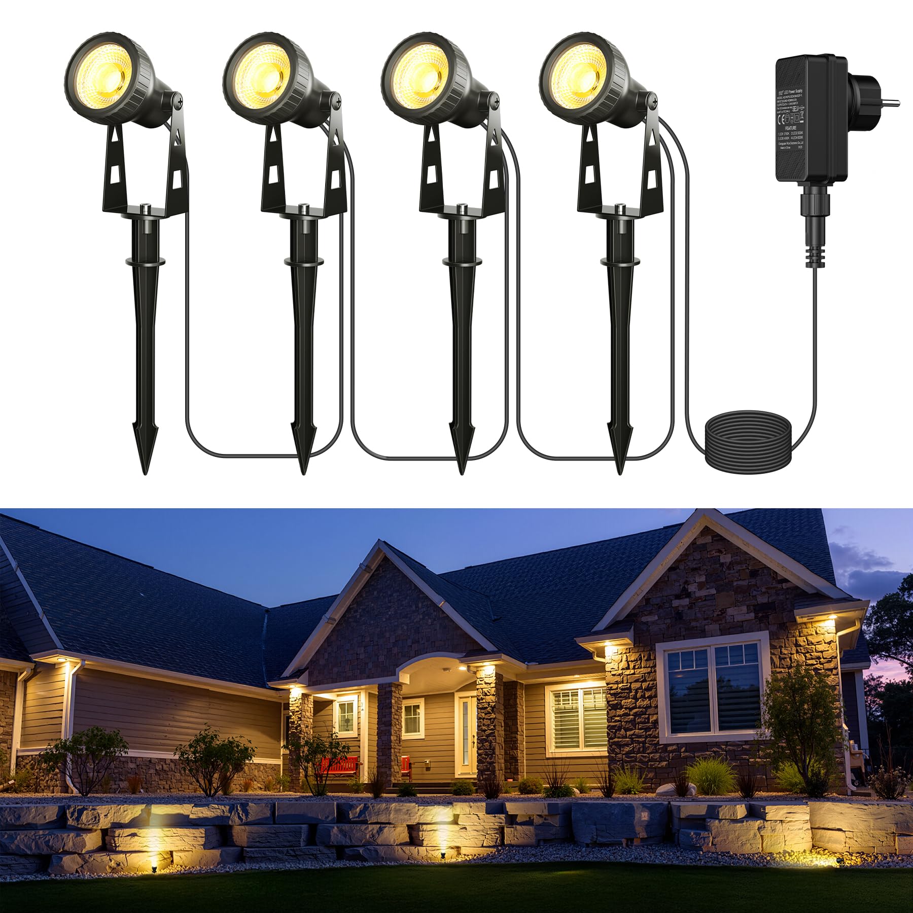 Zuske Gartenbeleuchtung LED Außen, 36FT/11m 4-in-1 Gartenleuchten mit Stecker, Gartenstrahler IP65 wasserdicht Wegbeleuchtung Bodenstrahler für Garten Terrasse Rasen Hof Einfahrt Partei