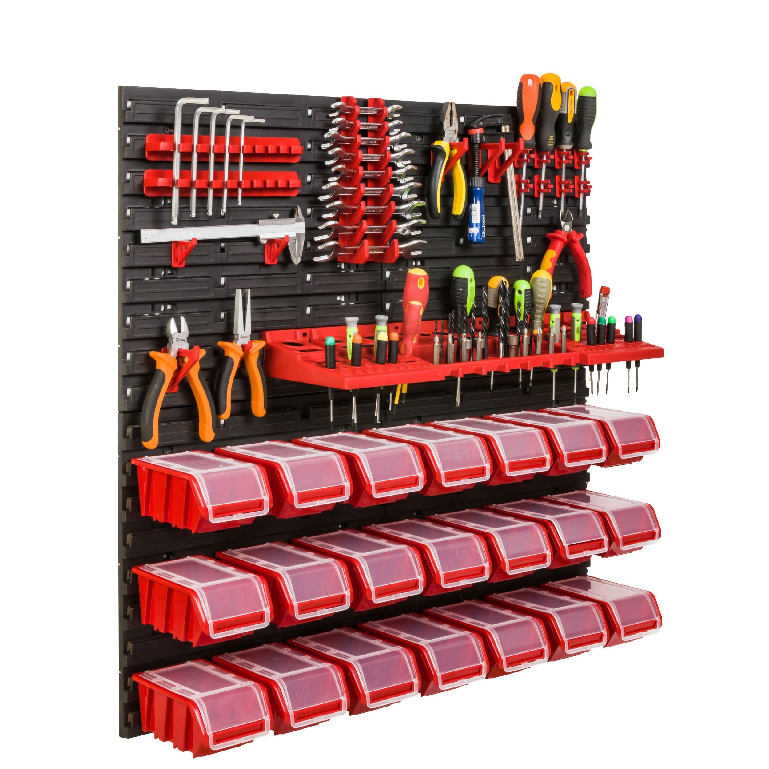 Lagersystem Werkstattregal | 78 x 78 cm | 21 stck. Box | Wandregal mit Werkzeughalterungen und Stapelboxen - Wandplatten Extra Starke Schüttenregal Warkzeuglochwand Lagerregal Garage Regal (8)