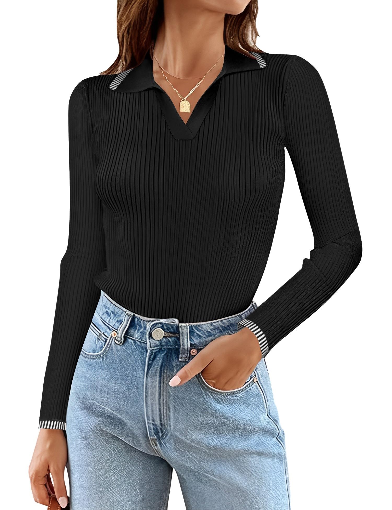 Rapbin Women's V Neck Long Sleeve Ribbed Knit Pullover Sweater Slim Fitted Casual Basic Tee Tops