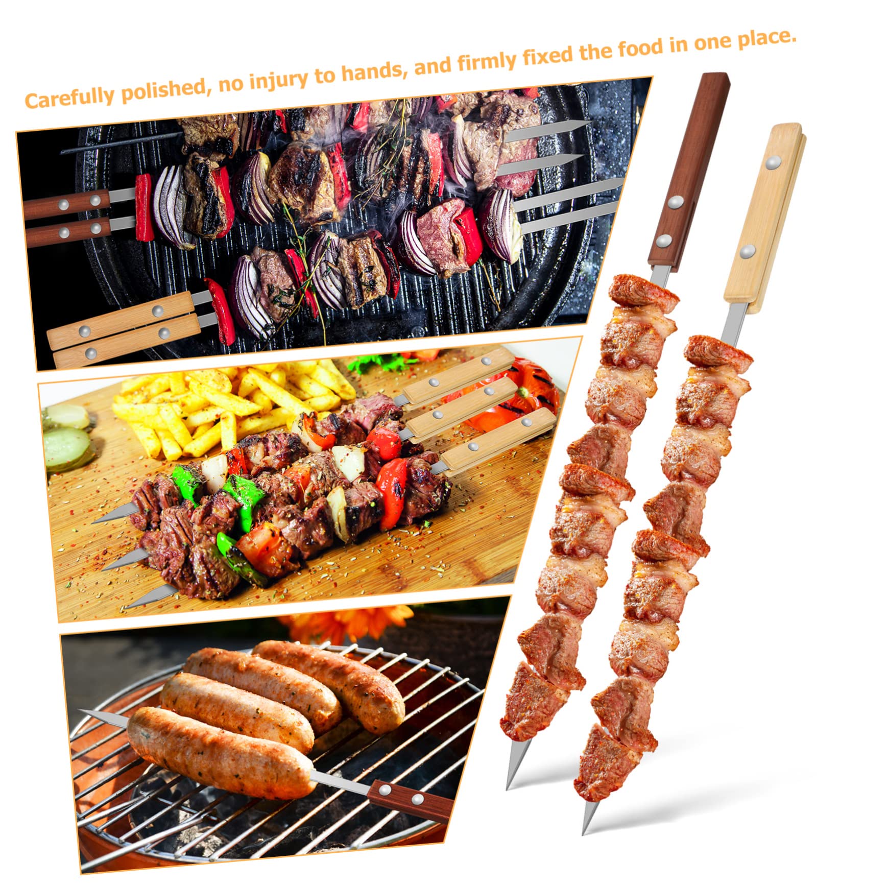 12 Spiedini Barbecue in Acciaio Inox con Manico in Legno, Antiscivolo, per Fissare Saldamente la Carne, per Grigliate All'aperto e Campeggio