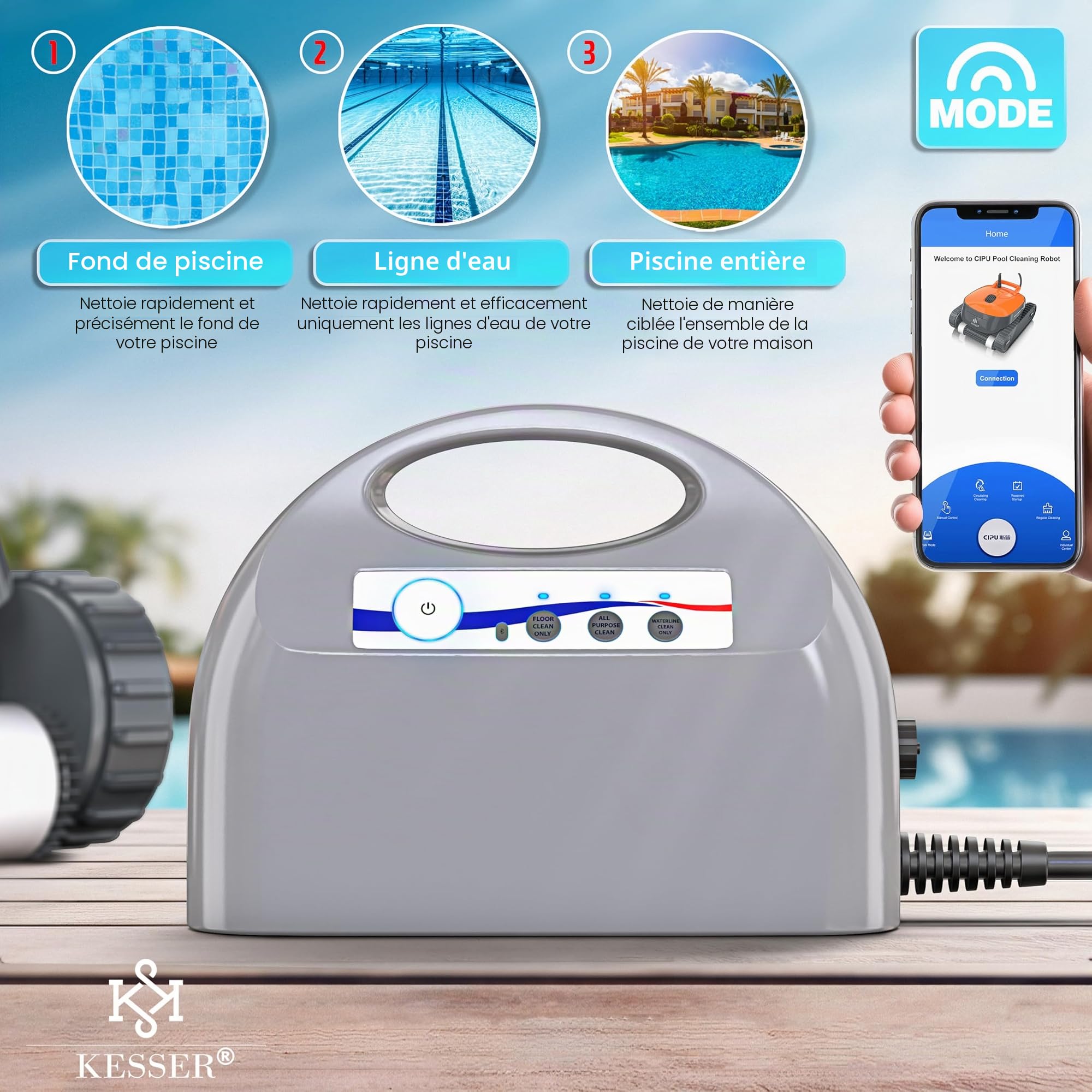 KESSER Robot de piscine pour sol et mur jusqu'à 100 m², nettoyage de ligne d'eau, nettoyeur automatique de piscine avec fonction application et module de commande, aspirateur pour piscine encastrée