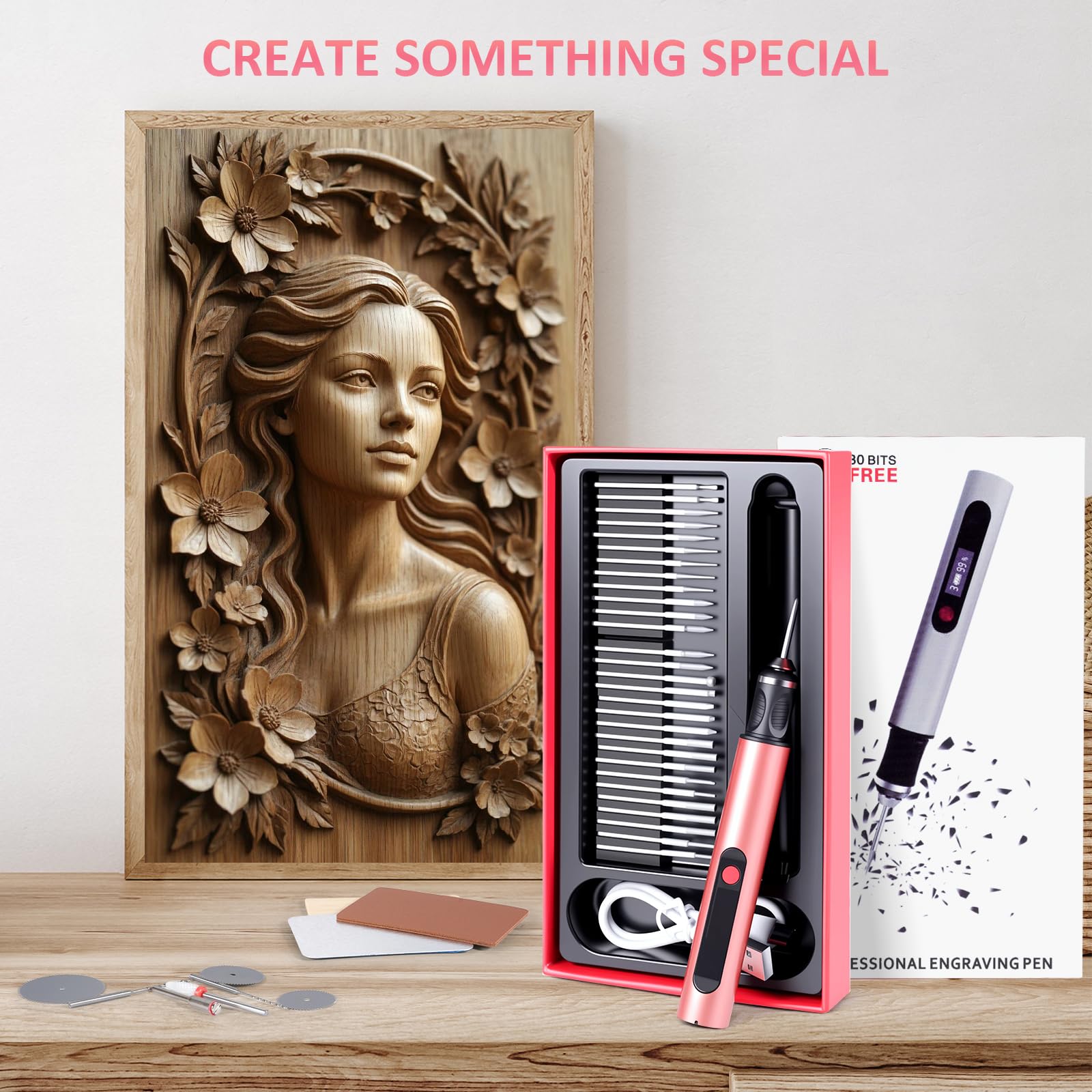 Customizer Kit de stylo de gravure sans fil rechargeable avec 3 vitesses, outil de gravure pour métal, bois, verre, cuir, stylo de gravure portable, rose