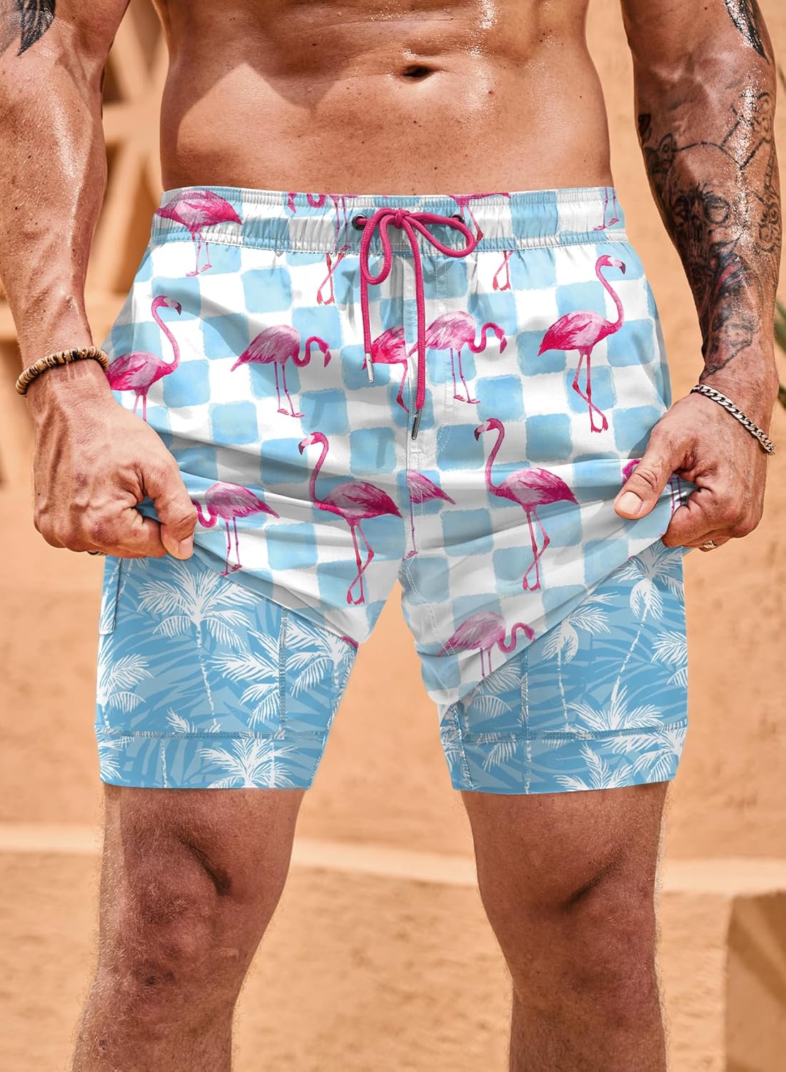 Men Swim Trunks Quick Dry Graphic Compression Liner 6'' Inseam Beach Summer Board Shorts (S-XXL)