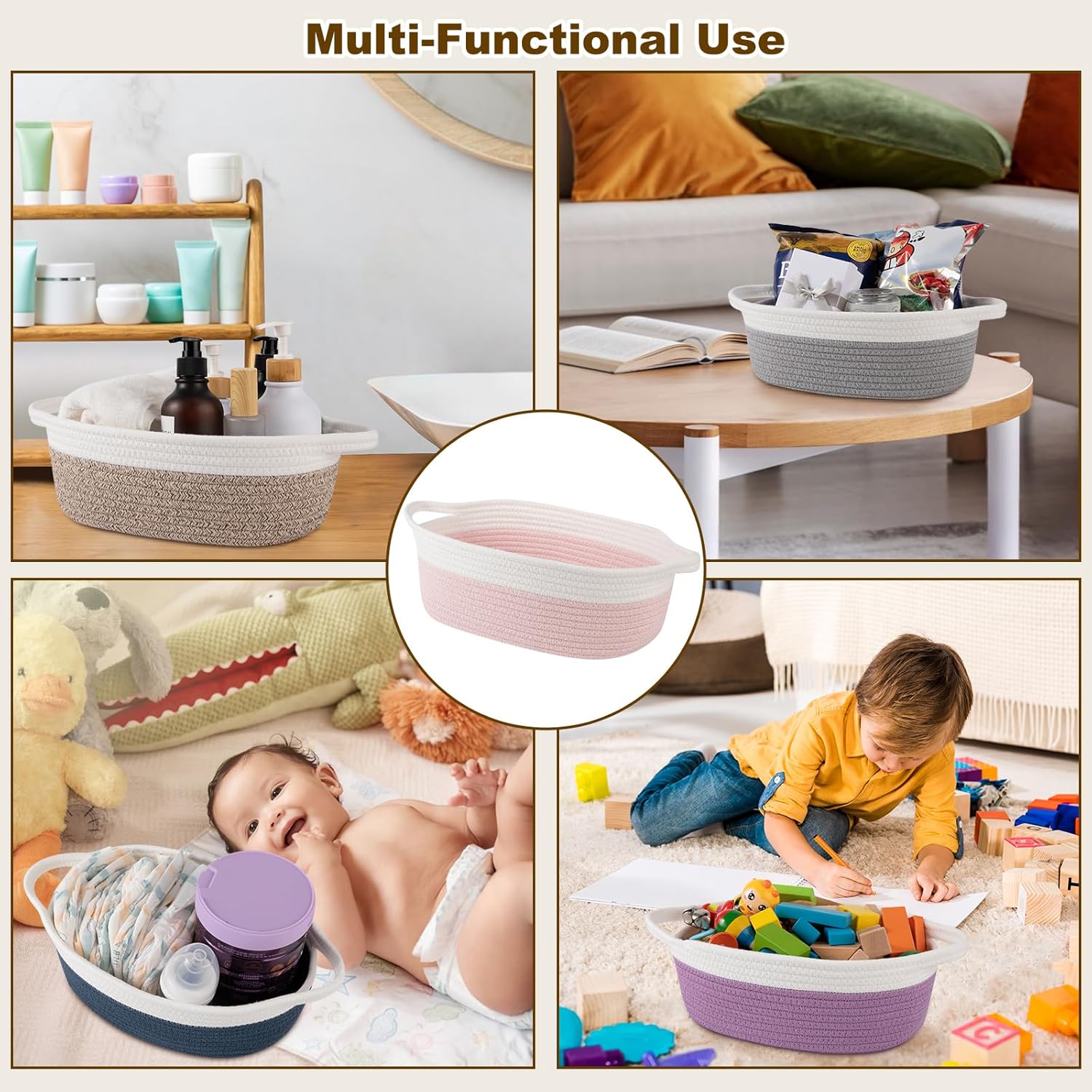 OIAHOMY Gift Basket Empty with Handle, 12"x 8"x 5" Small Woven Basket with Gift Bag, Ribbon and Wrap Tissue Paper, Dog Toy Storage for Organizing - Pink & White - Image 5