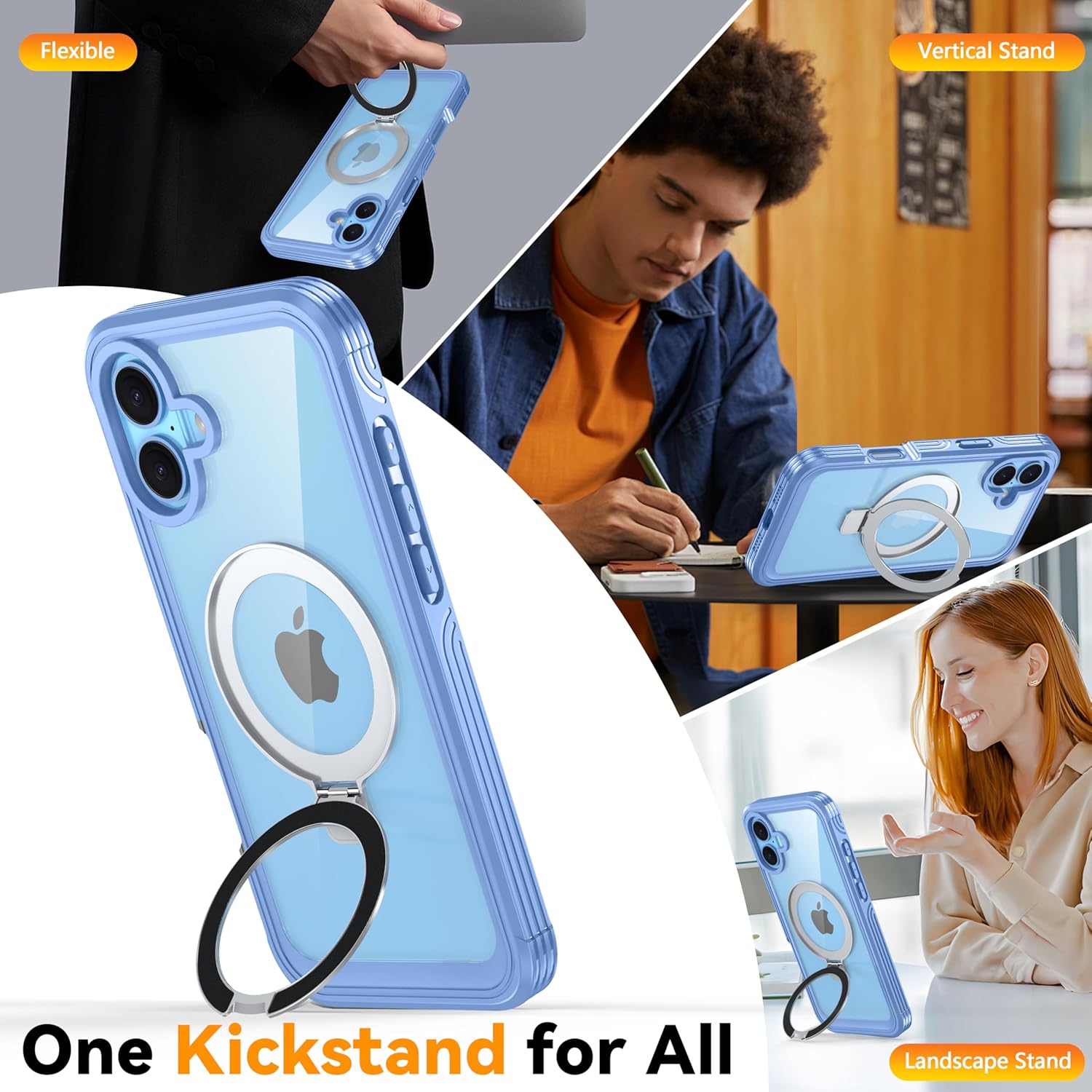 Oterkin Magnetic for iPhone 16 Plus Case Compatible with MagSafe [Foldable Stand][HD Camera Lens Protector][Built-in Touch Sensitive Glass Screen Protector] 15FT Military Full Body Rugged Case (Blue)