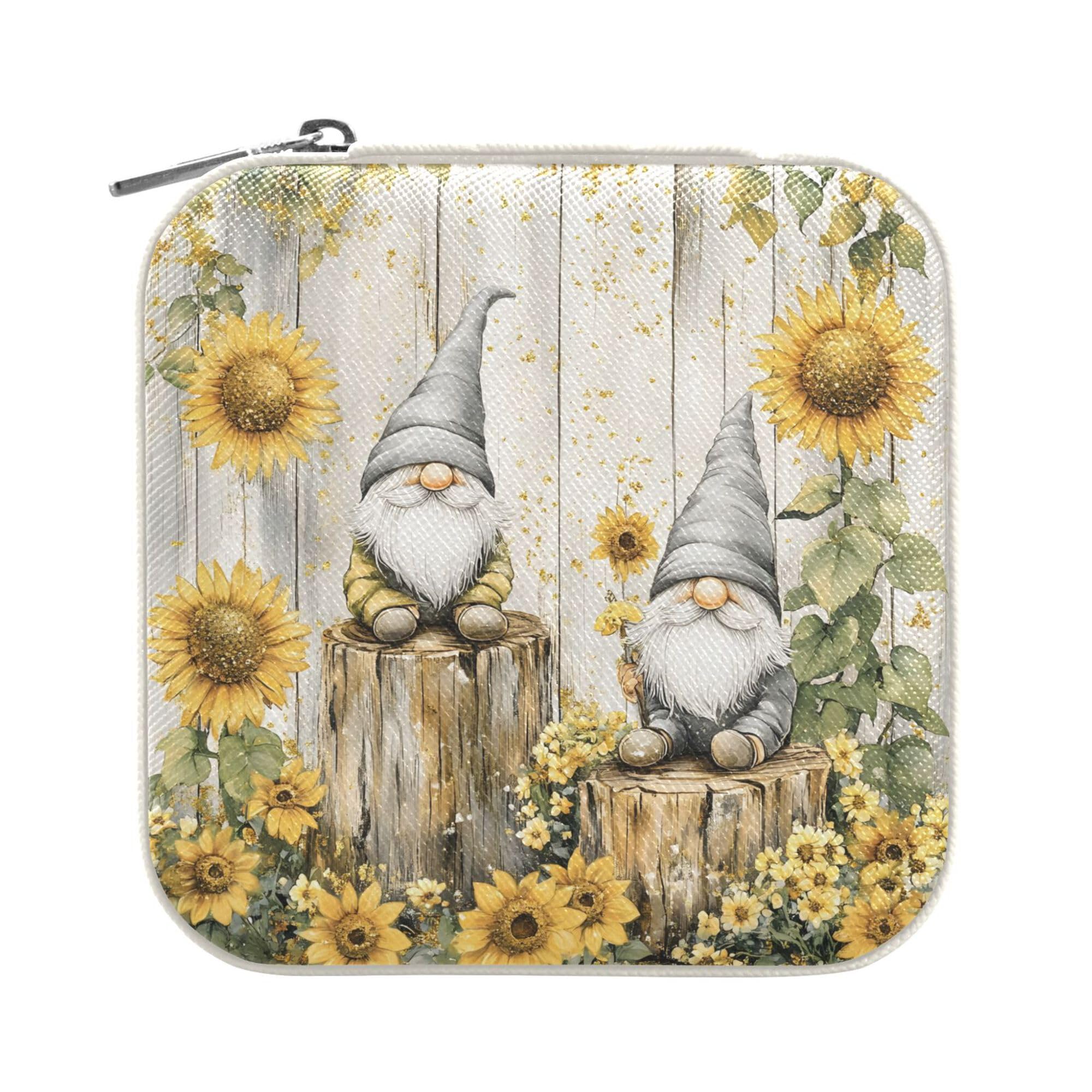 MNSRUU Small Jewelry Box Storage and Organizer Sunflower Gnome Mini Travel Jewelry Case Portable Earring Ring Organizer Boxes for Women Girls, Beige