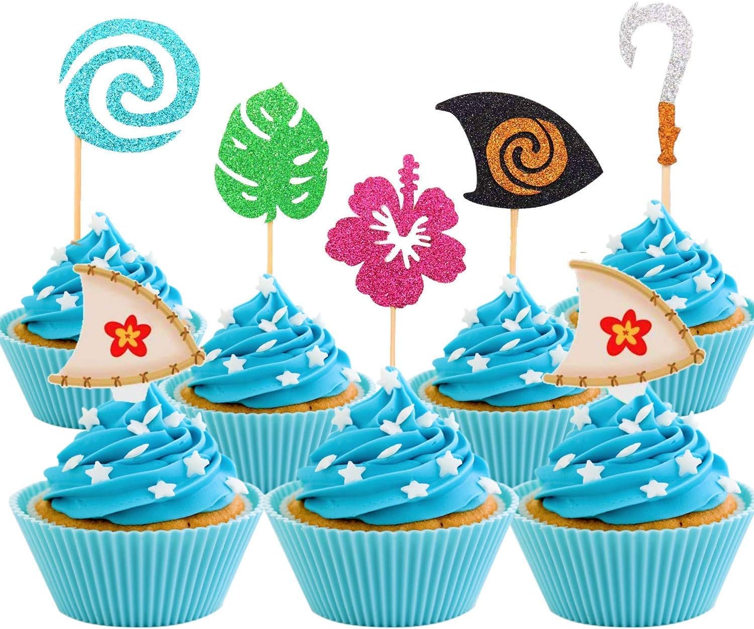 JeVenis 30 Pcs Glittery Moana Inspired Cupcake Toppers Moana Cake Toppers Hawaiian Birthday Party Decoration for Tropical Luau Summer Party Baby Shower Wedding