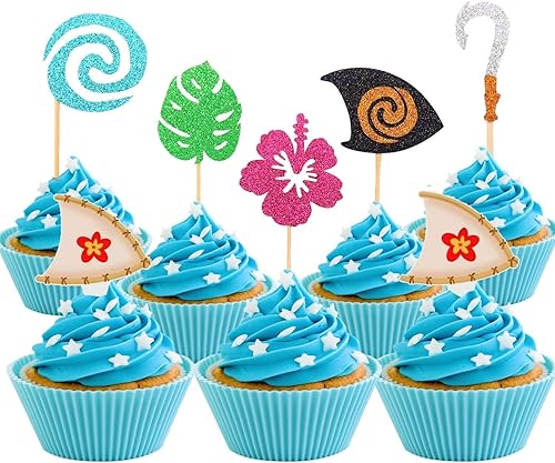 JeVenis Decoración hawaiana para cupcakes con purpurina del océano, decoración de fiesta de cumpleaños para Luau tropical, fiesta de verano, baby