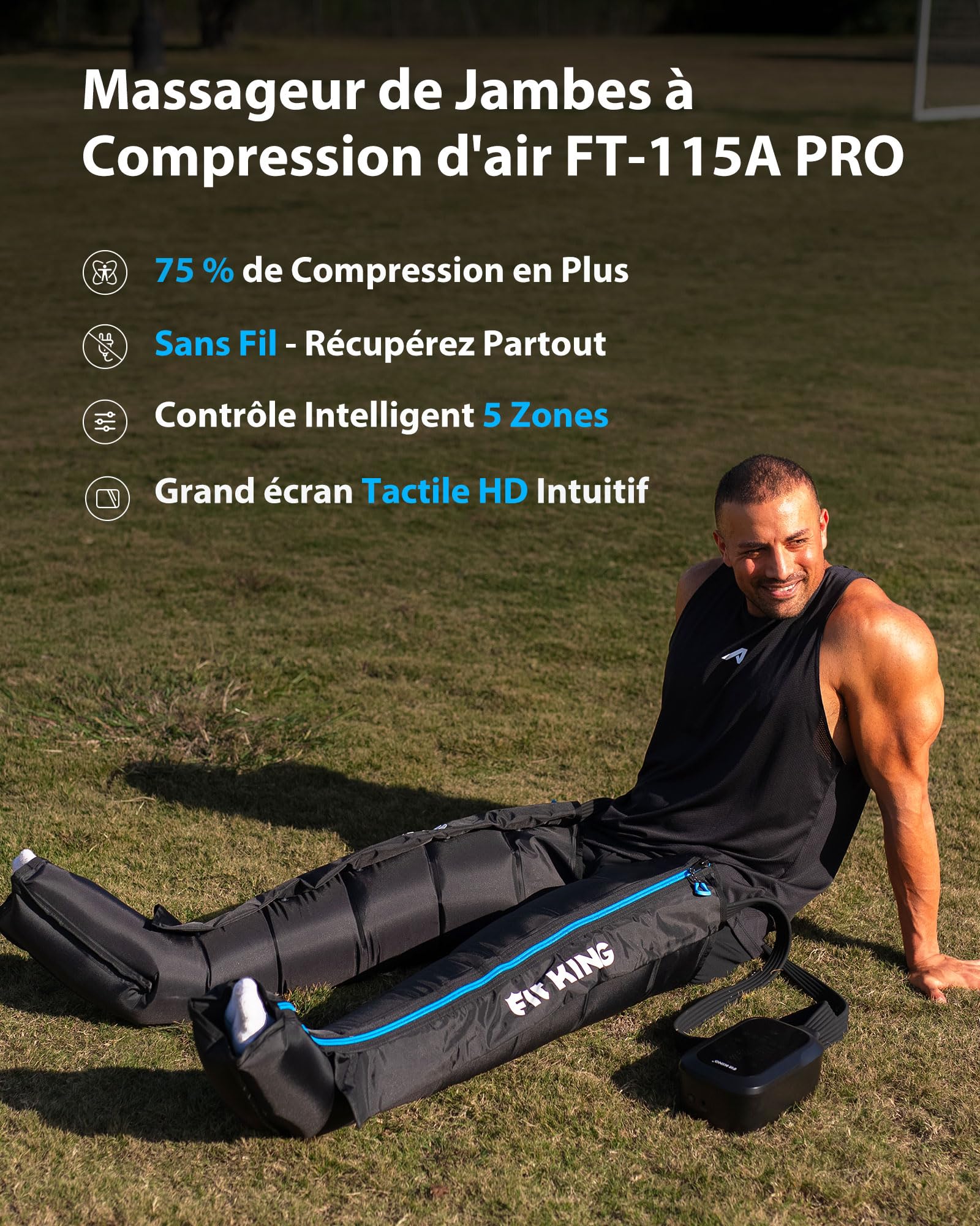 FIT KING Bottes de Pressothérapie pour Jambes Rechargeables Sans Fil - Massage par Compression 5 Zones avec Écran Tactile | Idéal pour Récupération Sportive et Détente (S)