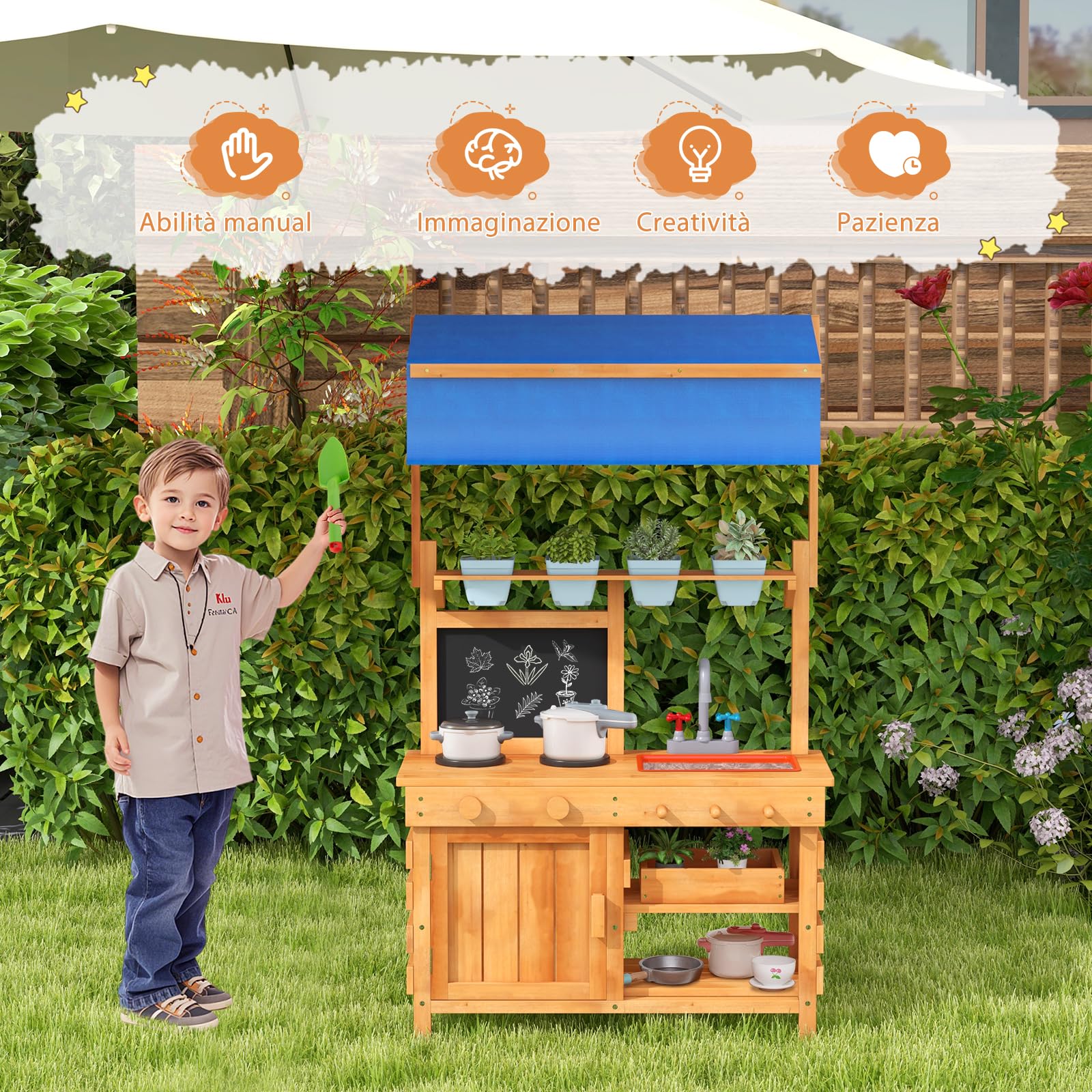 GYMAX Banco da Giardinaggio per Bambini, Cucina da Gioco in Legno con Tetto Regolabile, Lavello, 4 Vasi, Ripiano e Cassetto, Lavagna, Banco da Lavoro per Piantare, 136x77x56.5cm