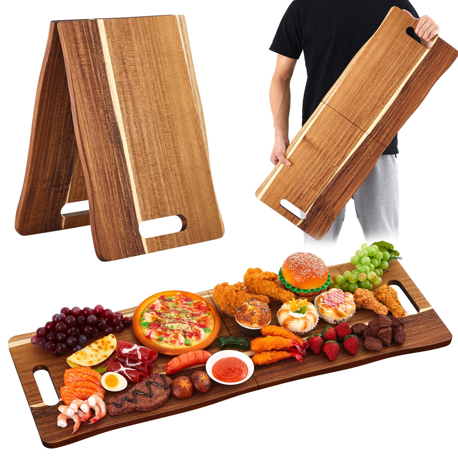 Large Acacia Charcuterie Board with Handles 33 x 12 Inch Extra Large Wood Foldable Serving Tray Wood Rectangular Appetizers Cheese Food Meat Board for New Home Party Housewarming Gifts