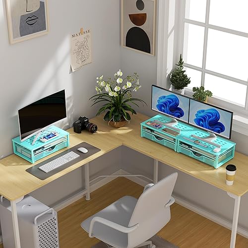 Miniatura 7 de gianotter Soporte elevador para monitor de computadora, organizador de oficina con cajón, organizador de oficina de almacenamiento para suministros