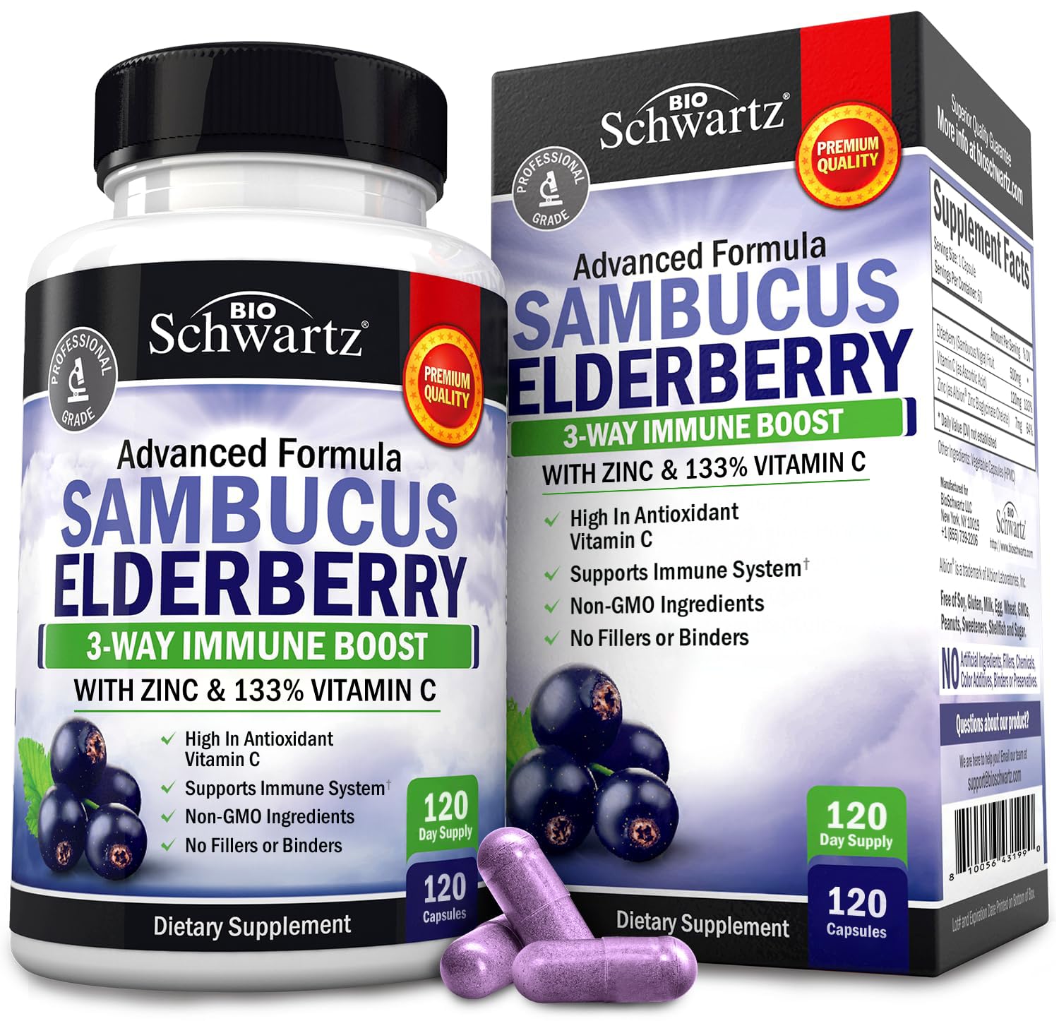 BioSchwartz Elderberry Vitamin C and Zinc - Immune Support Supplement for Women and Men - Sambucus Elderberry Capsules with Zinc and Vitamin C for Adults - Non-GMO, 120 Count (4 Month Supply)