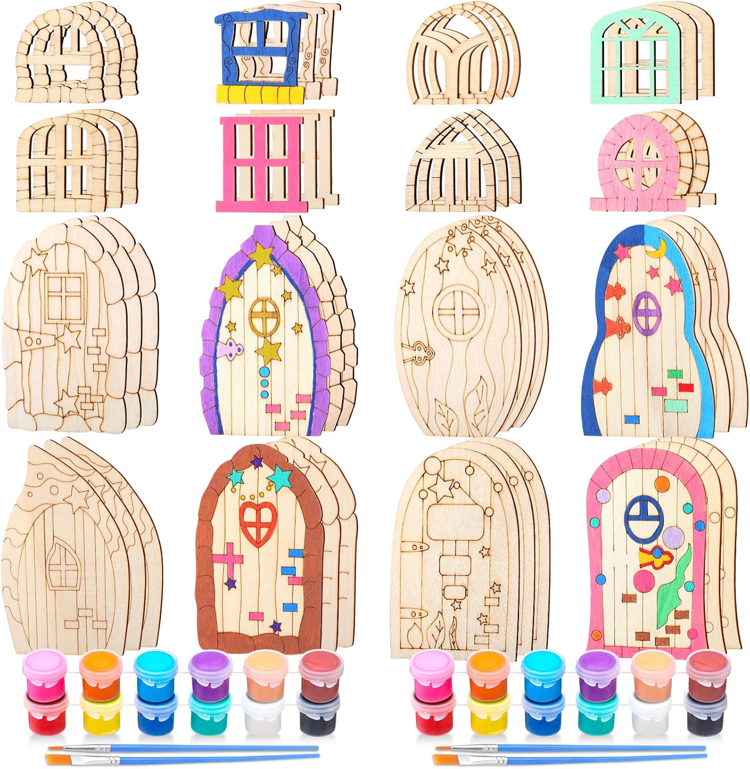 Rossesay 48 Pcs Fairy Door & Window Craft Kit Mini Wooden Garden Door with 2 Set Watercolor Paints & Brush Unfinished DIY Craft Fairy House Unpainted Miniature for Home Office Wedding Party Decoration