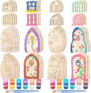 48 Pcs Fairy Door & Window Craft Kit Mini Wooden Garden Door with 2 Set Watercolor Paints & Brush Unfinished DIY Craft Fairy House Unpainted Miniature for Home Office Wedding Party Decoration