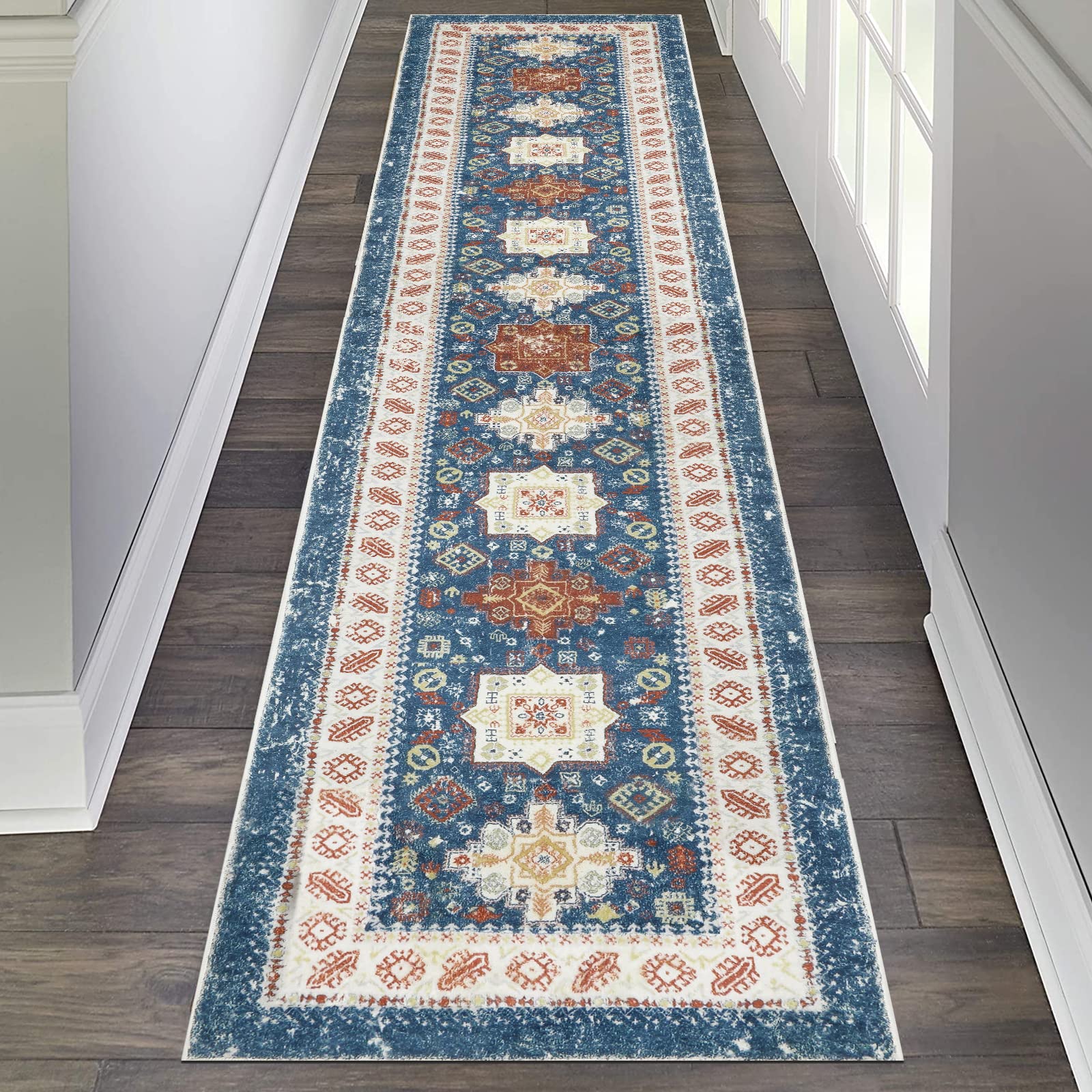 Pauwer Vintage Runner Rug 2x10, Non-Slip Non-Shedding Hallway Rug Runner, Distressed Vintage Faux Wool Soft Fuzzy Rug, Washable Floor Carpet for Kitchen Laundry Living Bathroom(Red/Blue,2'x6' Ft)