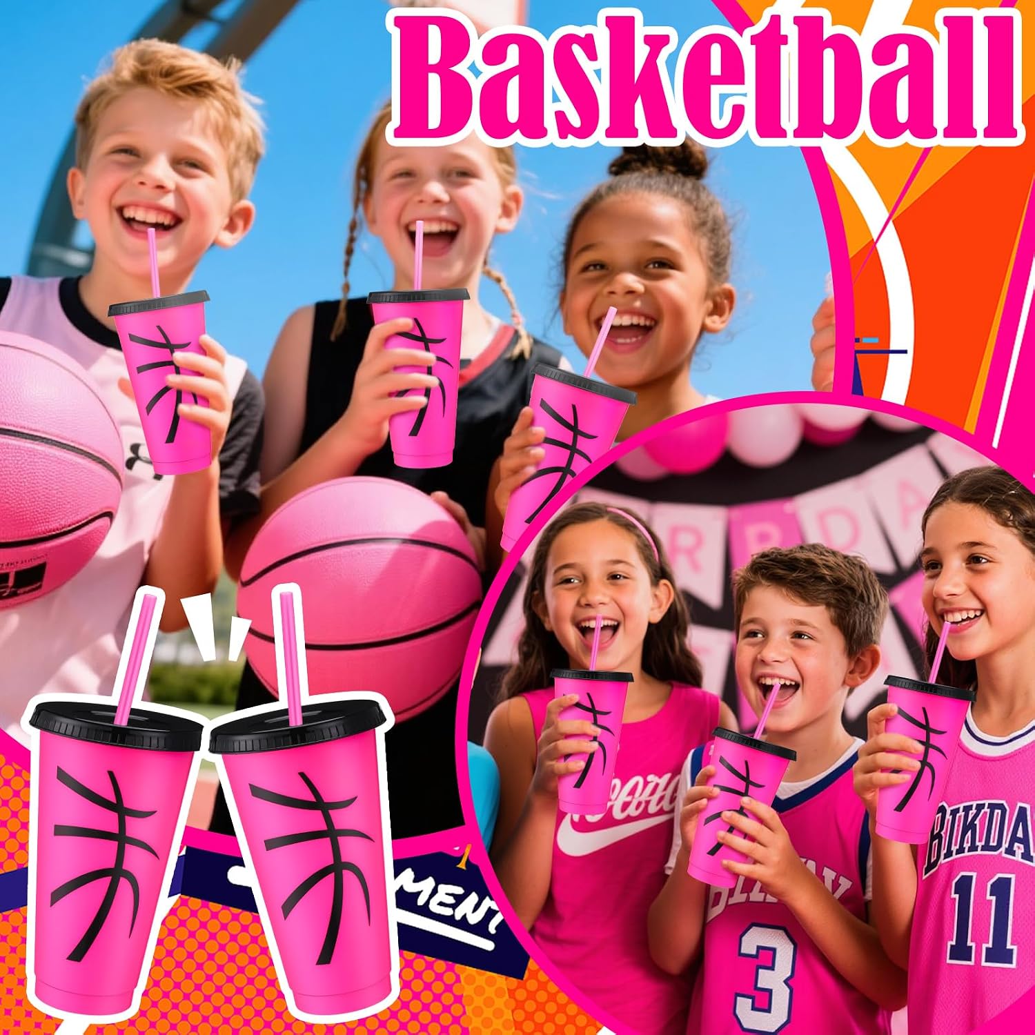 Domensi 12 Pcs Pink Basketball Sport Ball Plastic Tumbler with Lid and Straw 24oz Reusable Plastic Cups Gifts for Fan Friend Birthday Sport Party Gifts Supplies