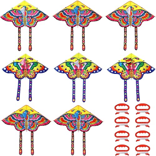 STOBOK Cometas de mariposa coloridas, juego de 8 cometas de mariposa para niños fáciles de volar, cometa triangular de dibujos animados con cuerda