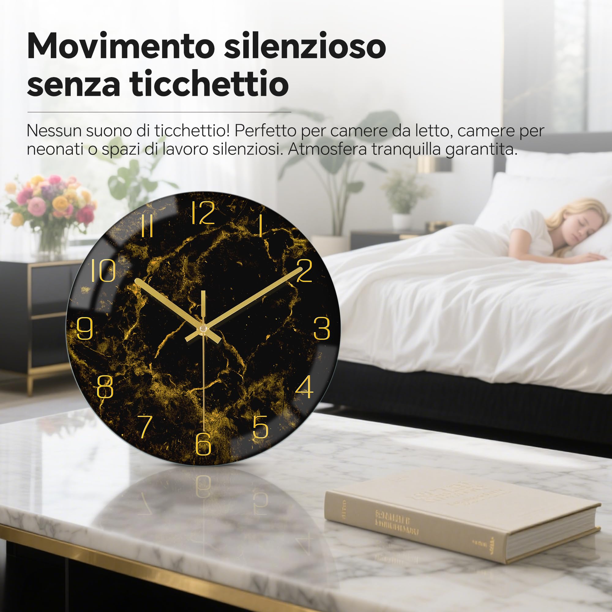 VIKMARI Orologio da Parete Moderno con Texture Marmorea Nero Oro da 30 cm Silenzioso Non Ticchettante a Batteria Orologi a Quarzo Decorazione Rustica per Cucina Camera da Letto Salotto e Ufficio