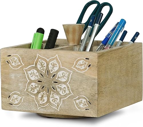 Miniatura 3 de Mela Artisans Soporte giratorio de madera para bolígrafo, Serena, Whitewash  Vasos para lápices para organización de escritorio  Decoración rústica
