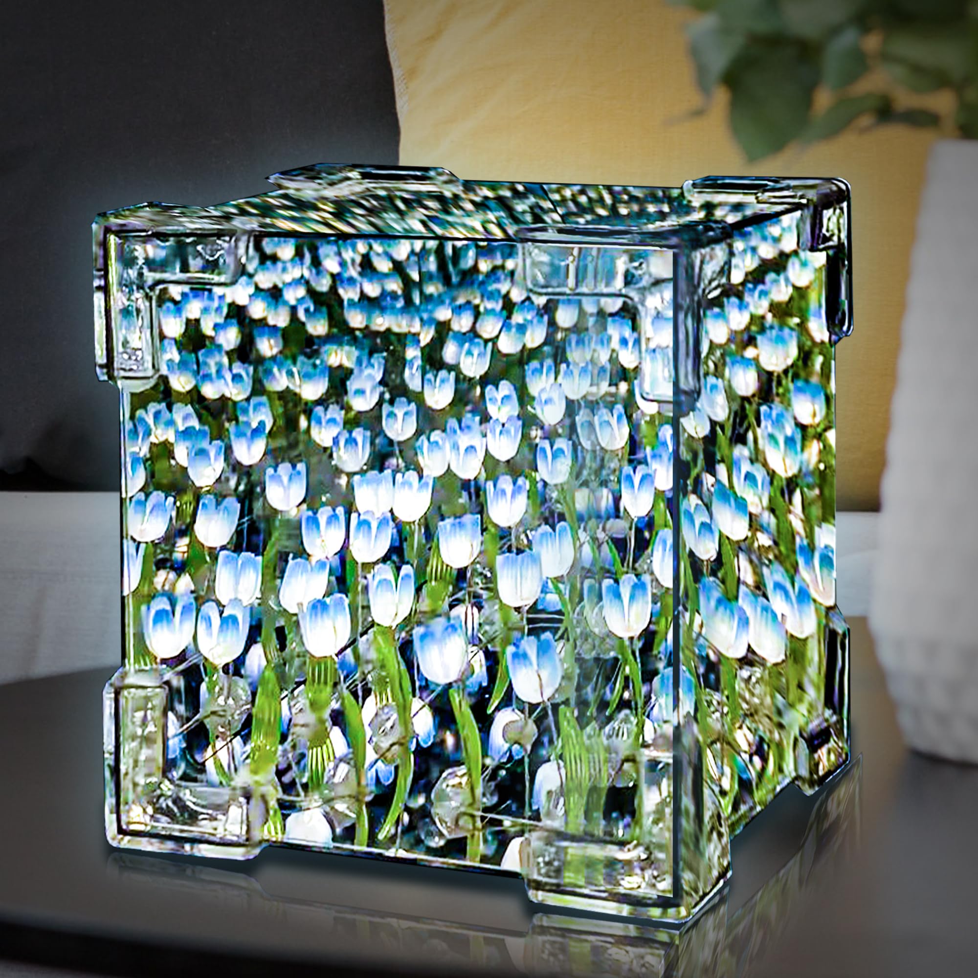 Tulip Night Light, LED Infinity Mirror Lamp Tulipanes DIY Finished Product Decorations Lights Artificial Flower Bedside Table Lamp Creative Gift for Mom Teenage Girl Couple Friend (Blue Finished)