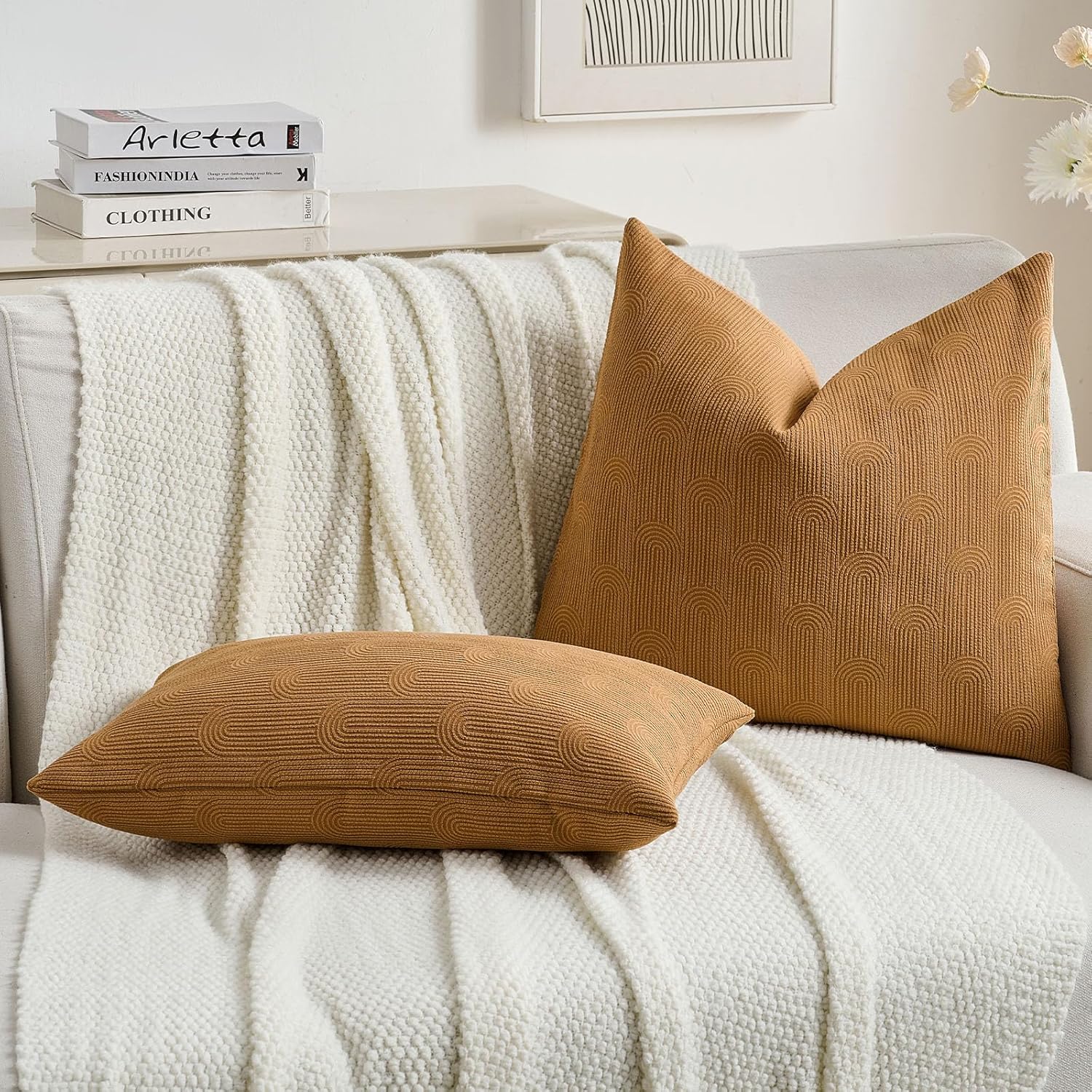 FUTEI Pack of 2 Chenille Decorative Throw Pillow Covers 20x20 Inch,Soft Cozy Striped Geometric Patterns Cushion Case,Modern Home Decor for Couch Bed Living Room,Bronze
