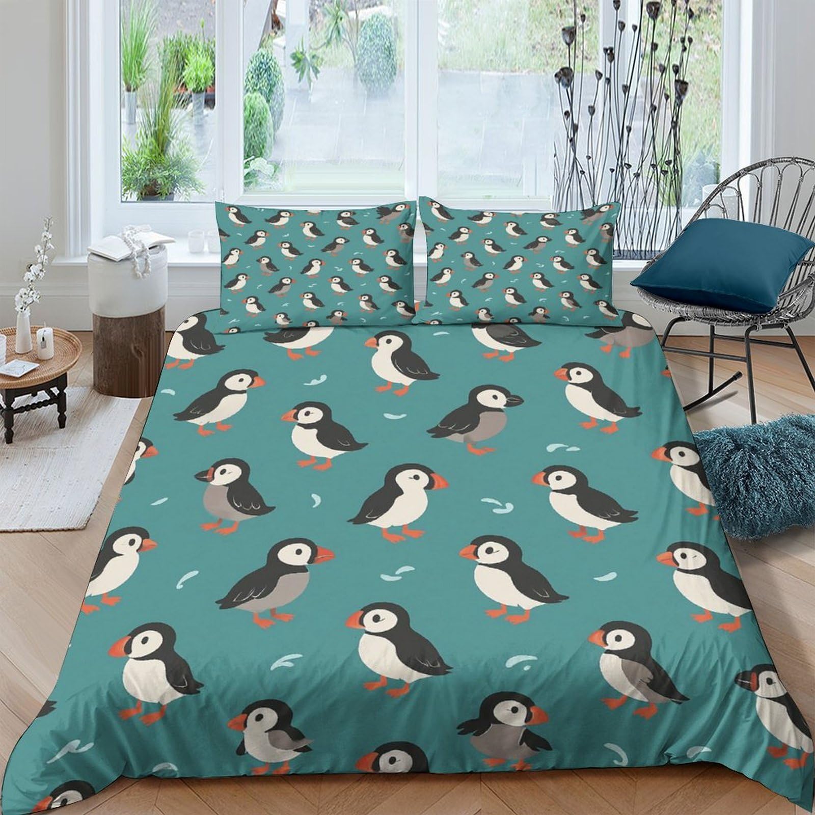 XFKLYNVCJ 3D Printed Puffin birds Quilt Cover Microfiber Cartoon sea bird pattern Bed Cover Easy Care Machine Washable for Student Dormitory Uni Accommodation Daily Bedding Double（200x200cm）