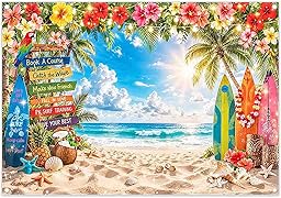 Luminora 2,1x1,5 m Toile de Fond Plage Hawaïenne d’Été, Soleil Tropical Palmiers Fleurs Bord de Mer, Tapisserie Murale Bannière de Fête de Vacances Décorations Accessoires de Photobooth