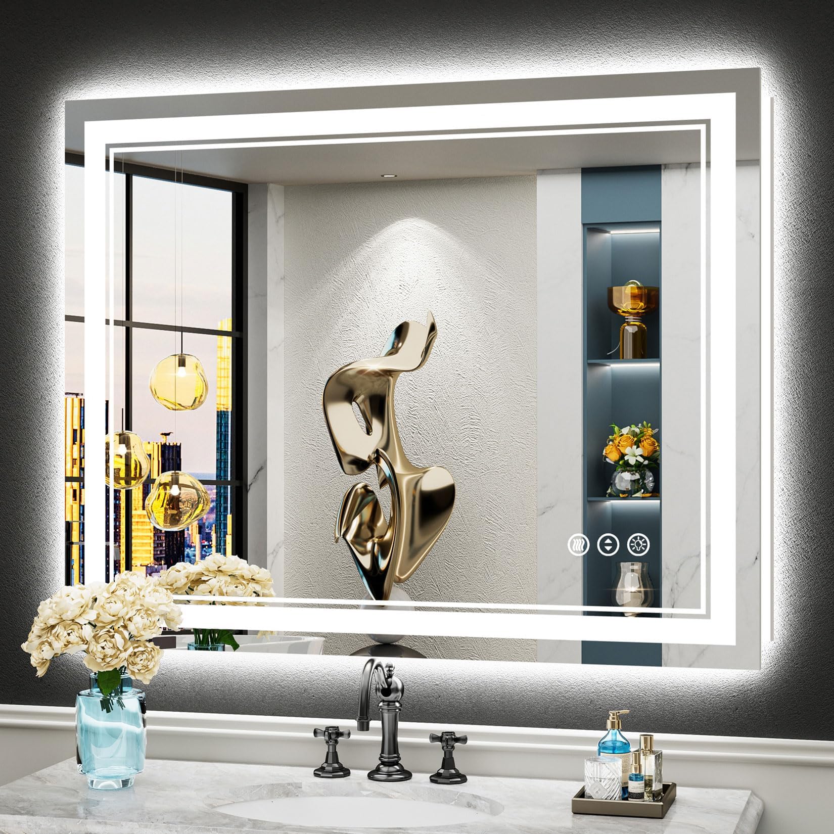 40x32 LED Bathroom Mirror with Lights, Backlit and Front Lit Anti-Fog Lighted Vanity Mirrors for Bathroom Wall, Dimmable, 3-Color Light, Memory, Shatter-Proof, HD Tempered Glass, CRI＞90