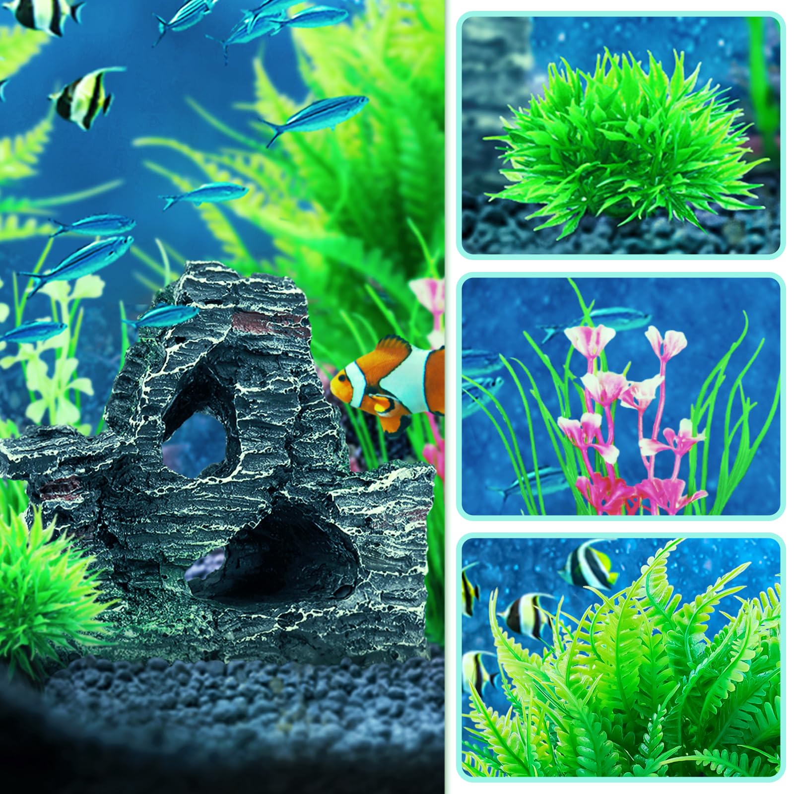 QUOZUO 9 Pièces Petit Taille Plantes d'aquarium Plastique Décoration et Rocher Polyrésine Grotte Ornement Decoration